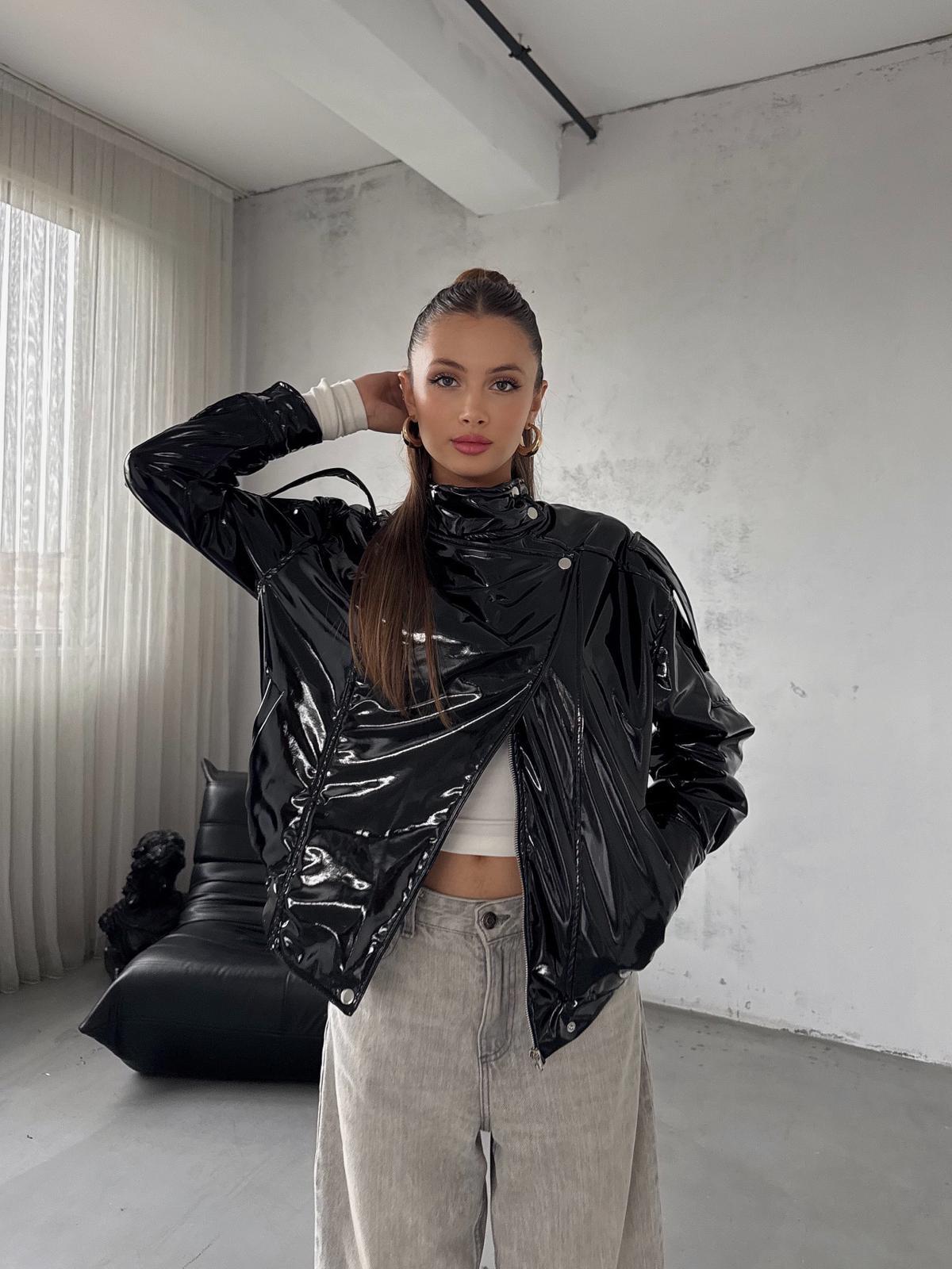 Ravix Rugan Beli Lastik Detay Oversize Siyah Deri Ceket