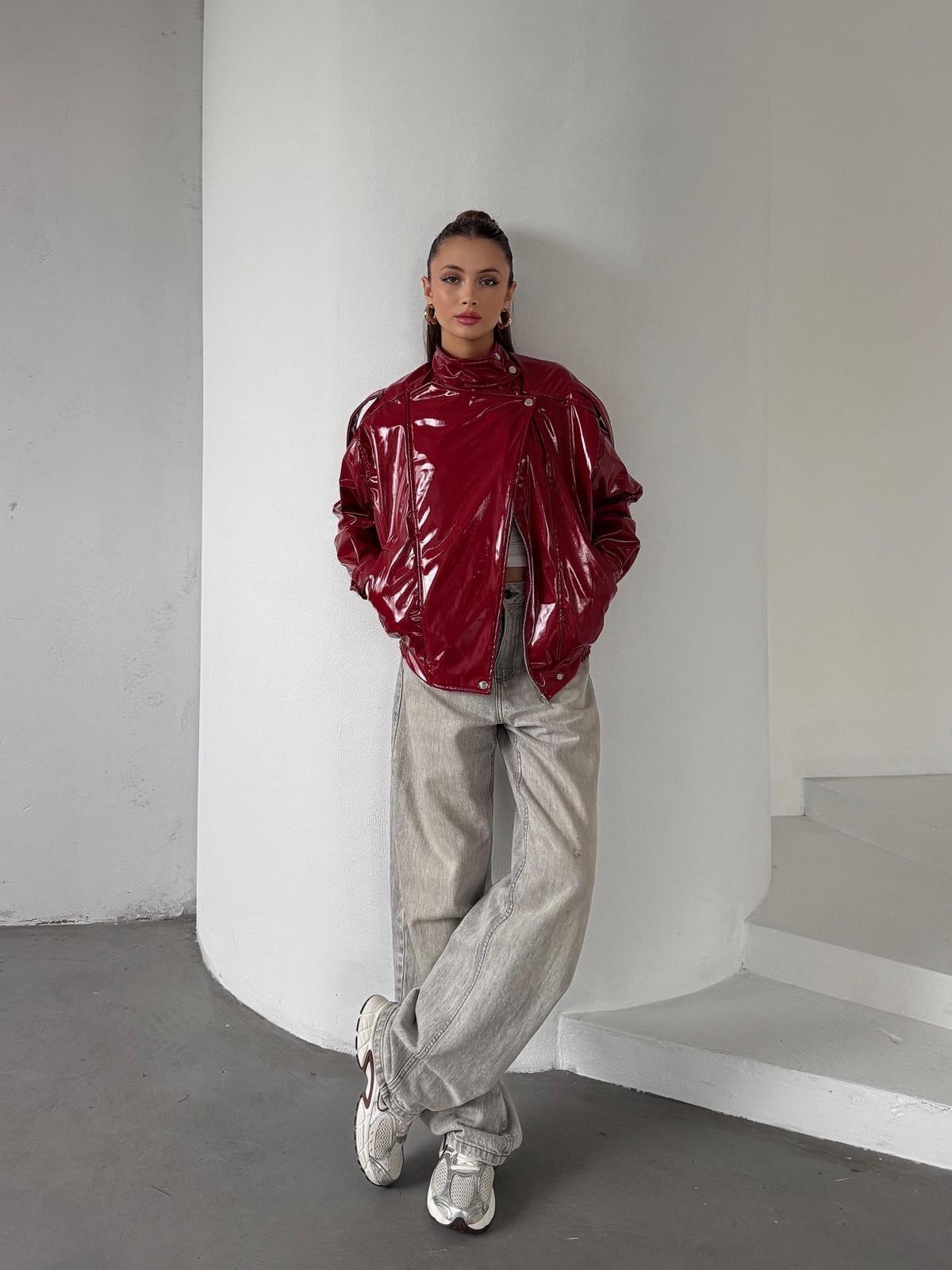Ravix Rugan Beli Lastik Detay Oversize Kırmızı Deri Ceket