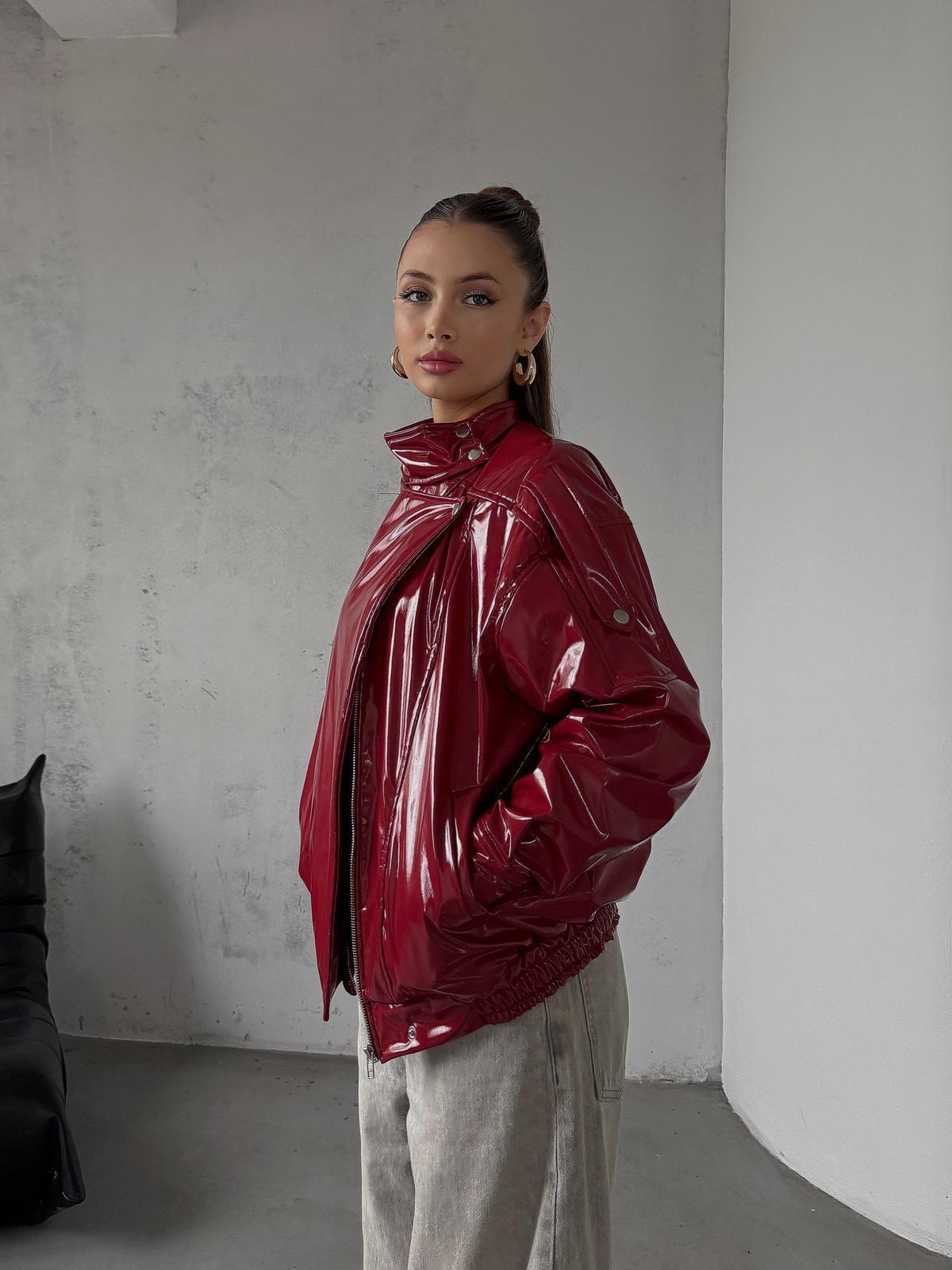 Ravix Rugan Beli Lastik Detay Oversize Kırmızı Deri Ceket