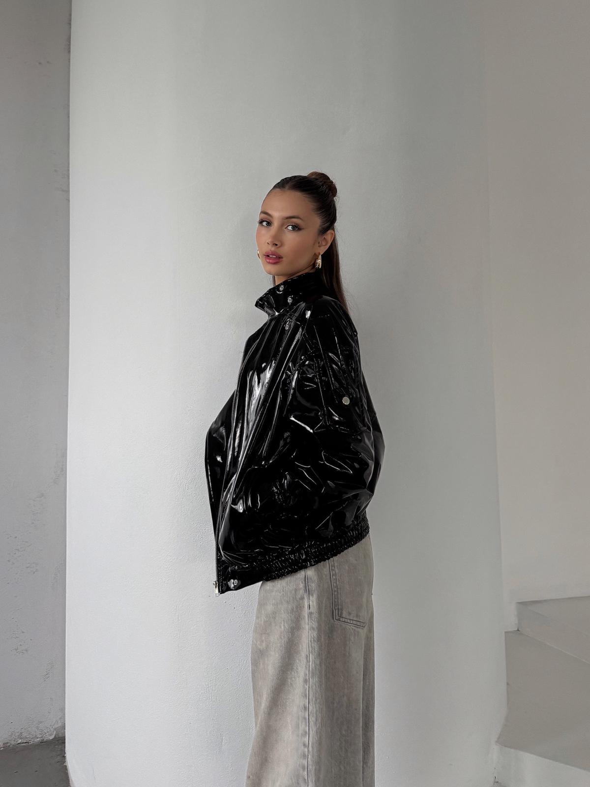 Ravix Rugan Beli Lastik Detay Oversize Siyah Deri Ceket