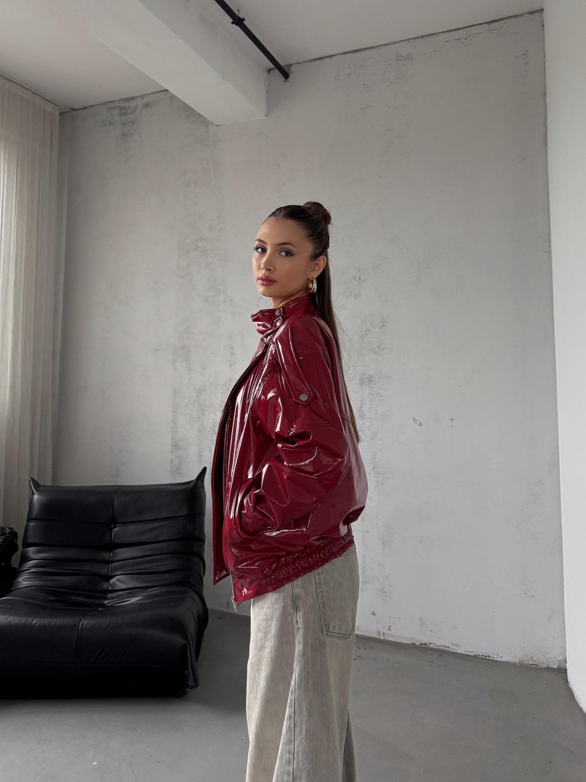 Ravix Rugan Beli Lastik Detay Oversize Kırmızı Deri Ceket