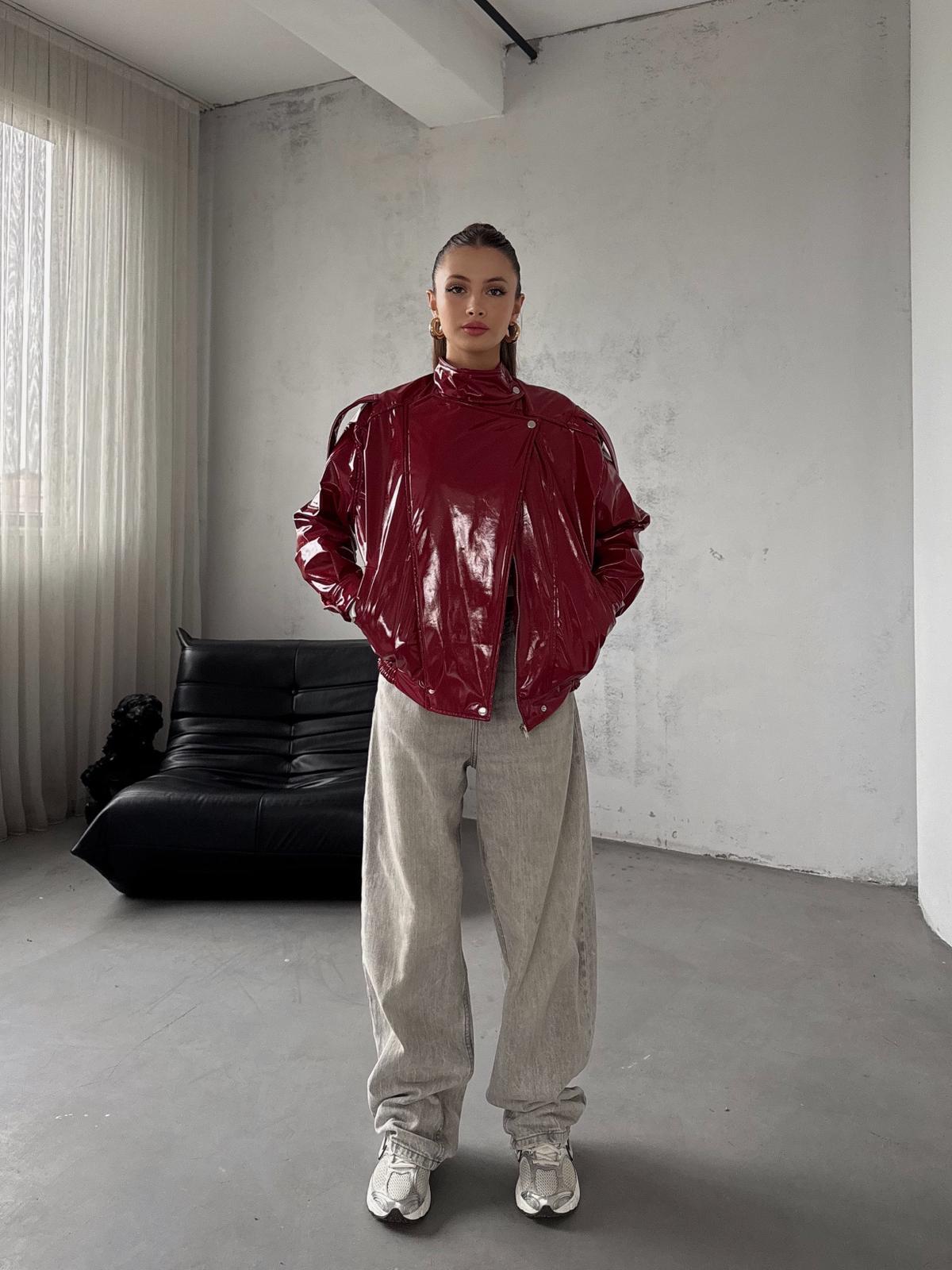 Ravix Rugan Beli Lastik Detay Oversize Kırmızı Deri Ceket