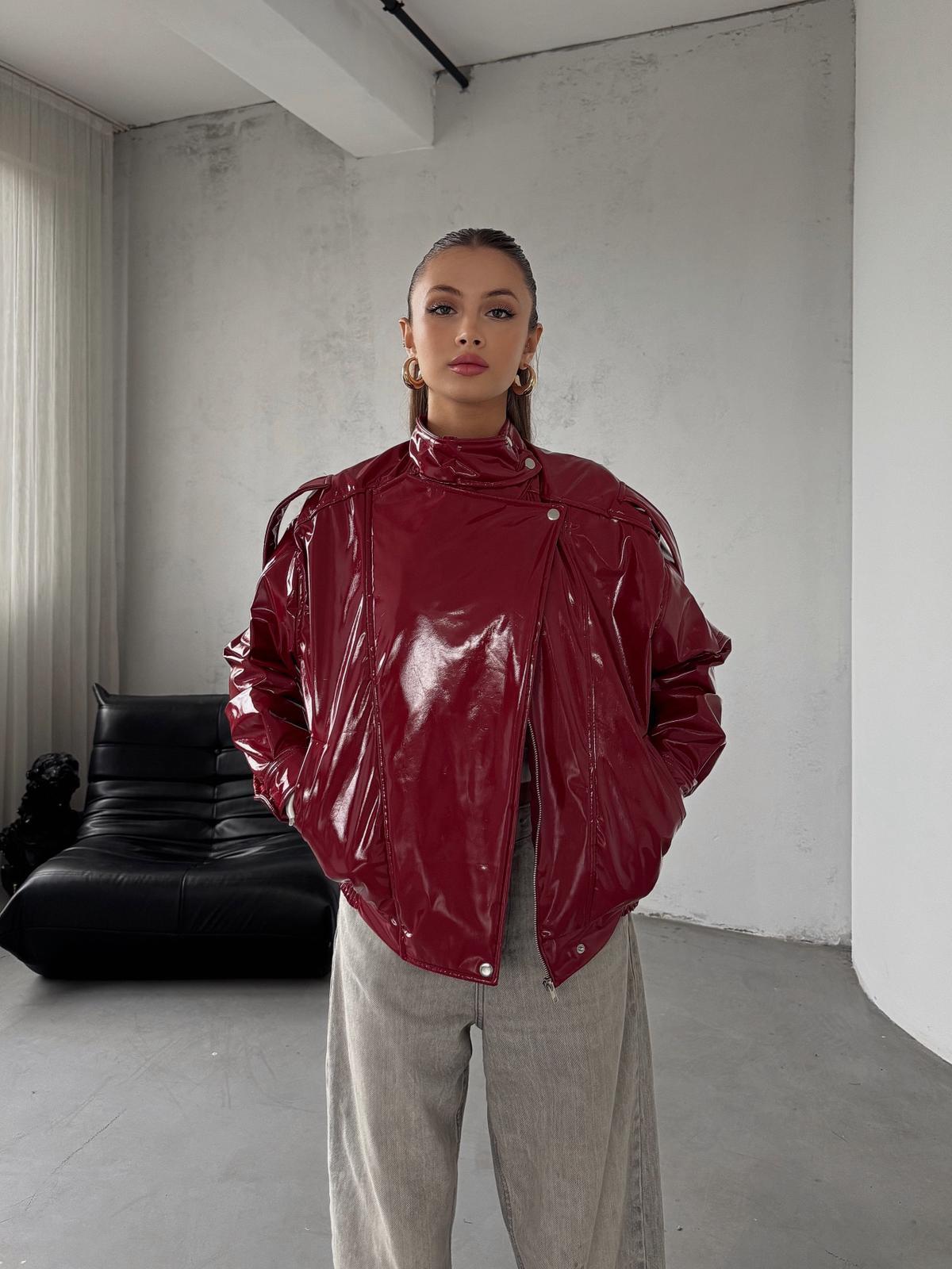 Ravix Rugan Beli Lastik Detay Oversize Kırmızı Deri Ceket