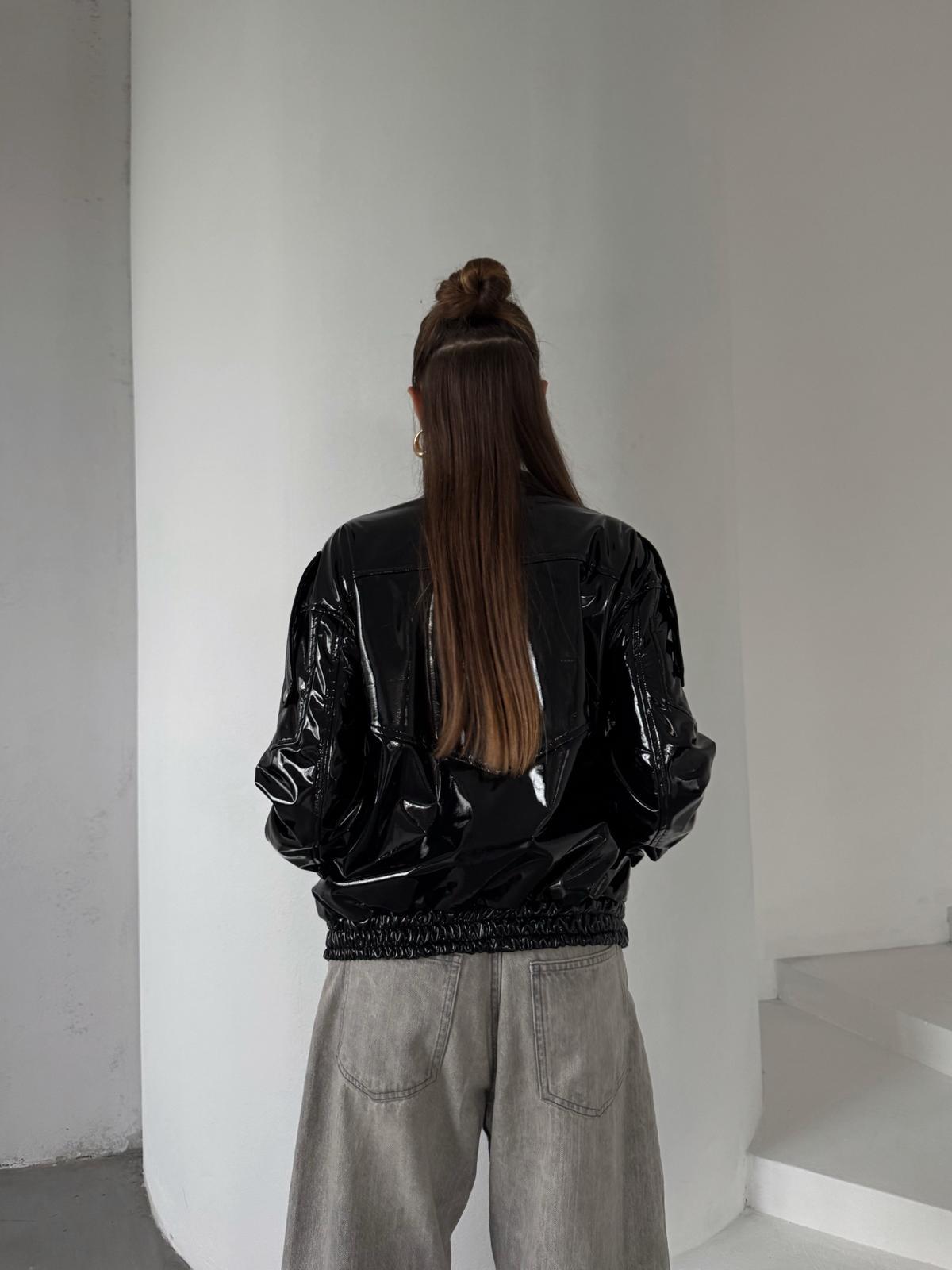 Ravix Rugan Beli Lastik Detay Oversize Siyah Deri Ceket