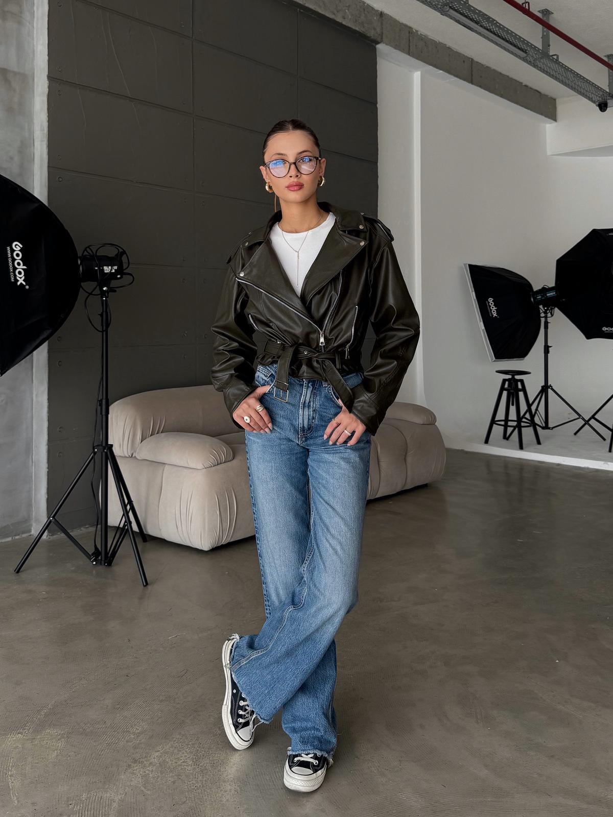 Rebel Kemer Detay Haki Oversize Biker Deri Ceket