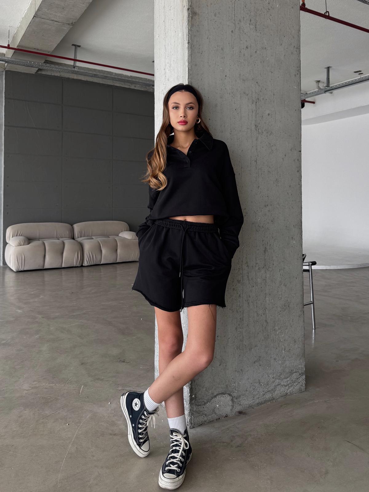 Ront Polo Yaka Siyah Şort Sweatshirt Takım