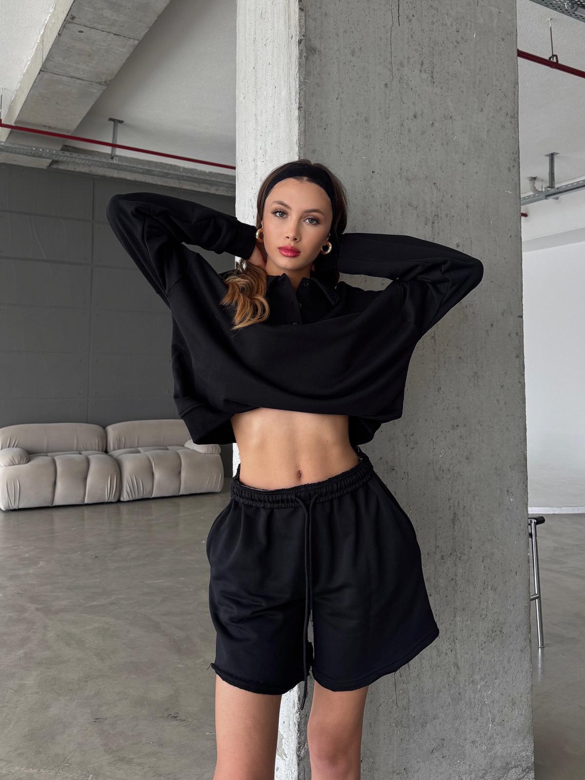 Ront Polo Yaka Siyah Şort Sweatshirt Takım