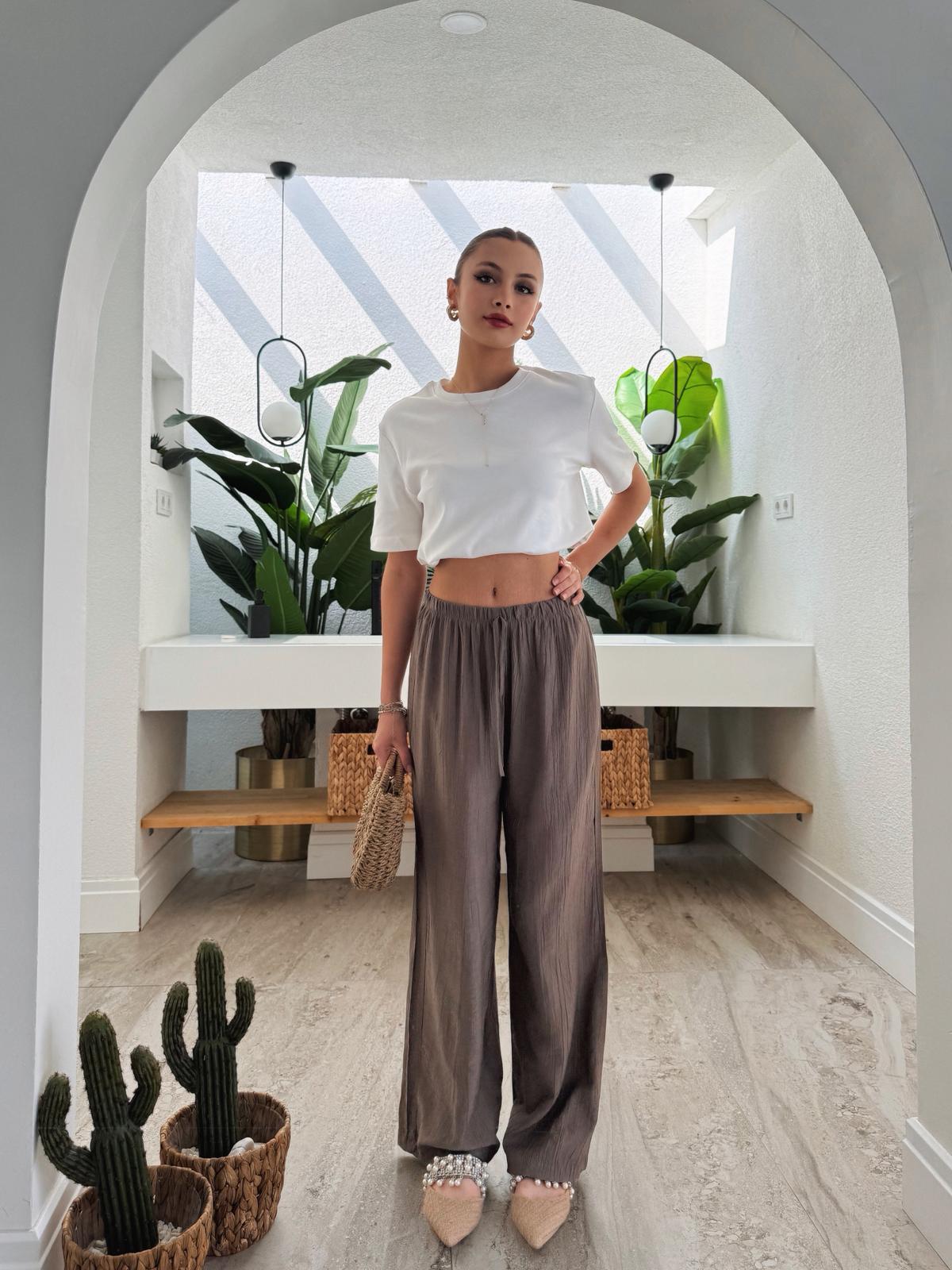 Satori Belden Bağcıklı Kahve Çilek Kumaş Pantolon 