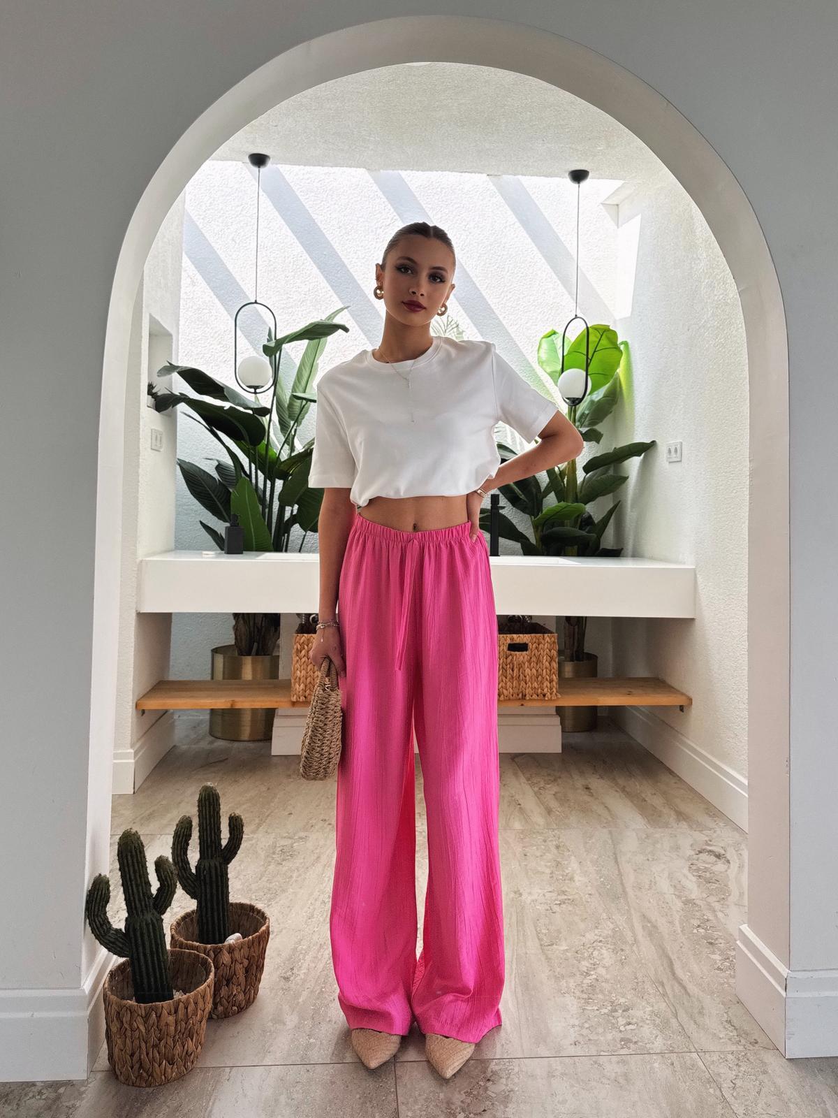 Satori Belden Bağcıklı Pembe Çilek Kumaş Pantolon 