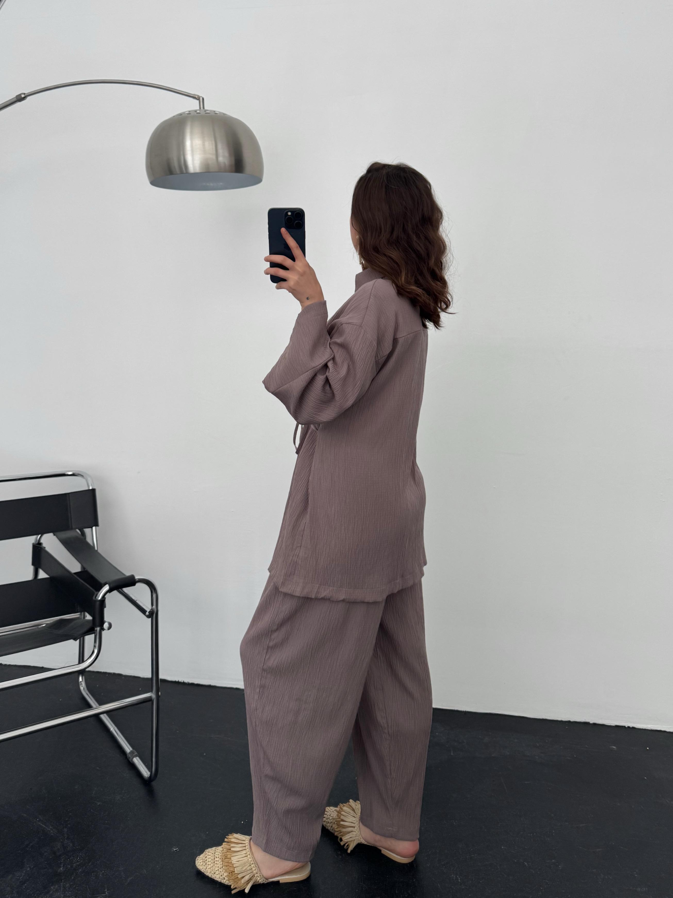 Sunspell Mürdüm Gofre Yandan Bağlama Detay Kimono Pantolon Takım