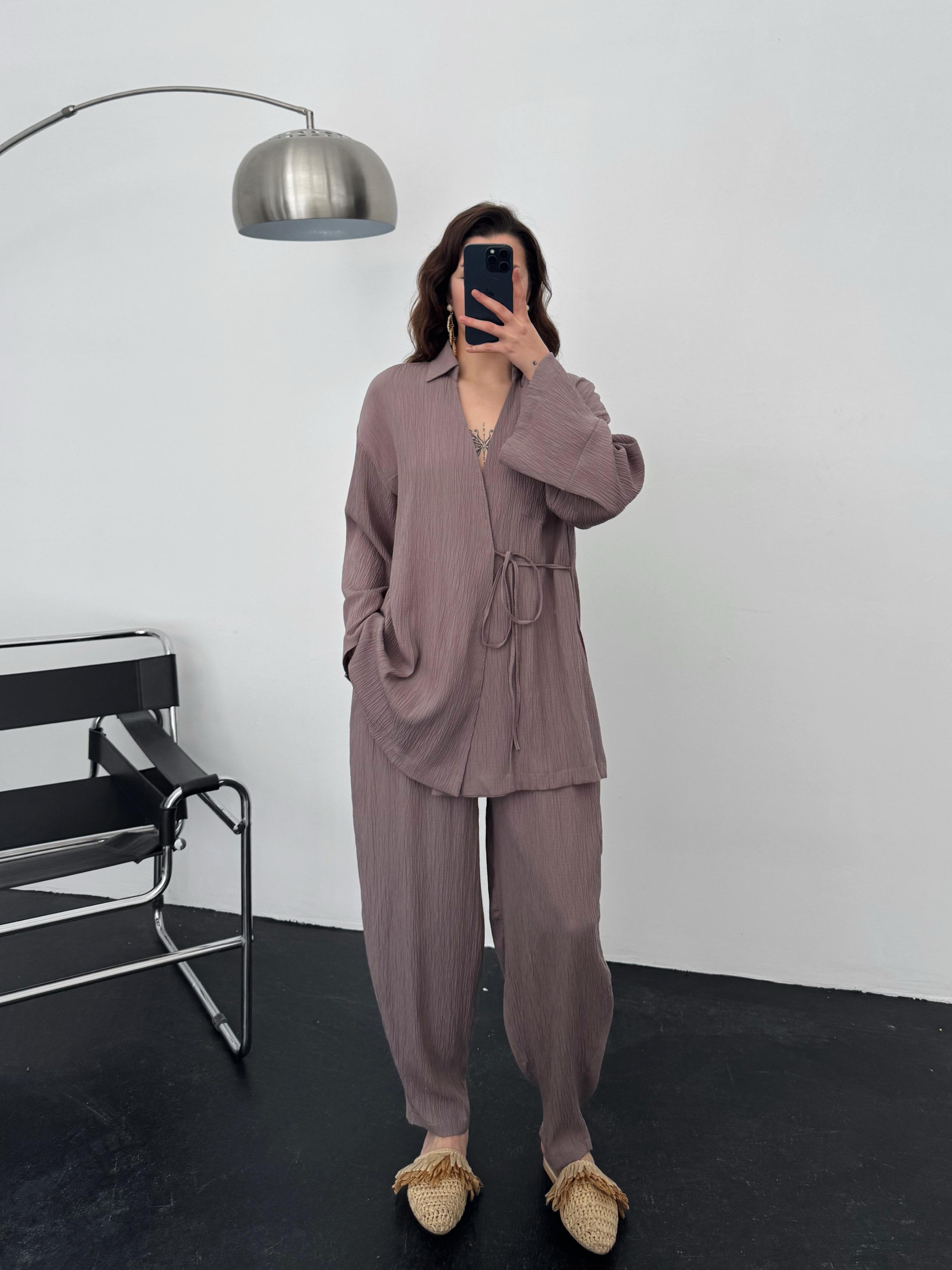 Sunspell Mürdüm Gofre Yandan Bağlama Detay Kimono Pantolon Takım