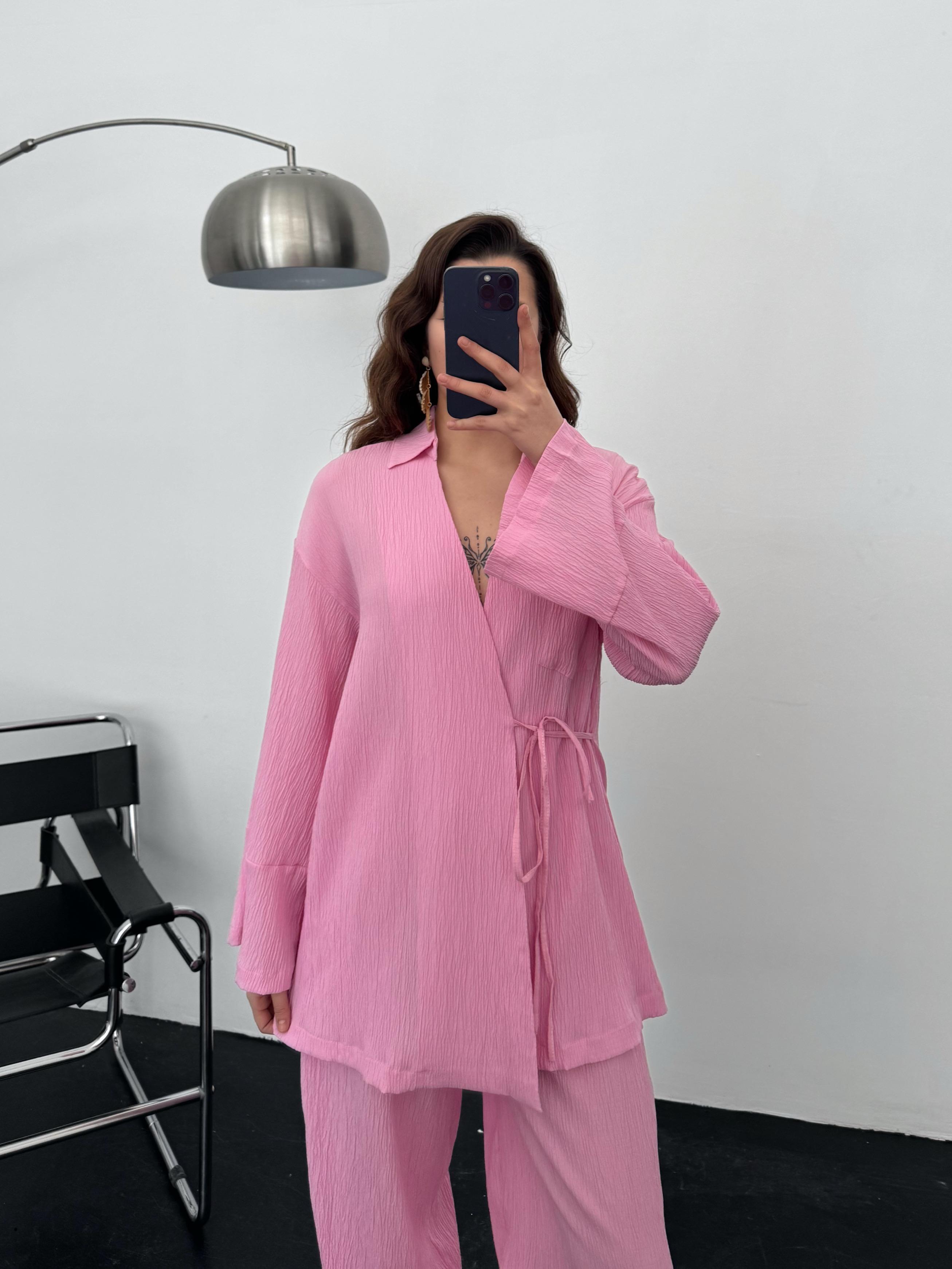 Sunspell Pembe Gofre Yandan Bağlama Detay Kimono Pantolon Takım