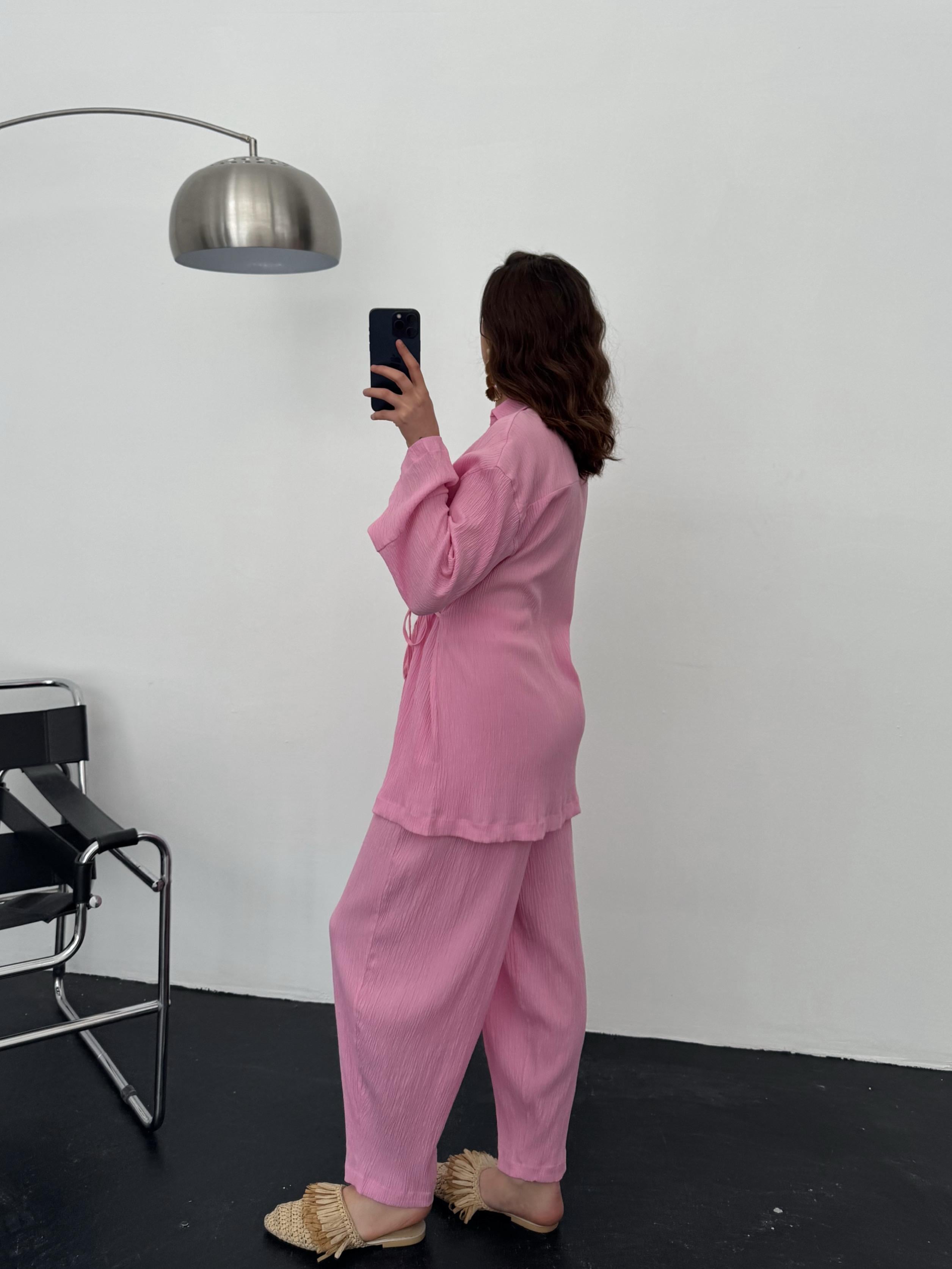 Sunspell Pembe Gofre Yandan Bağlama Detay Kimono Pantolon Takım