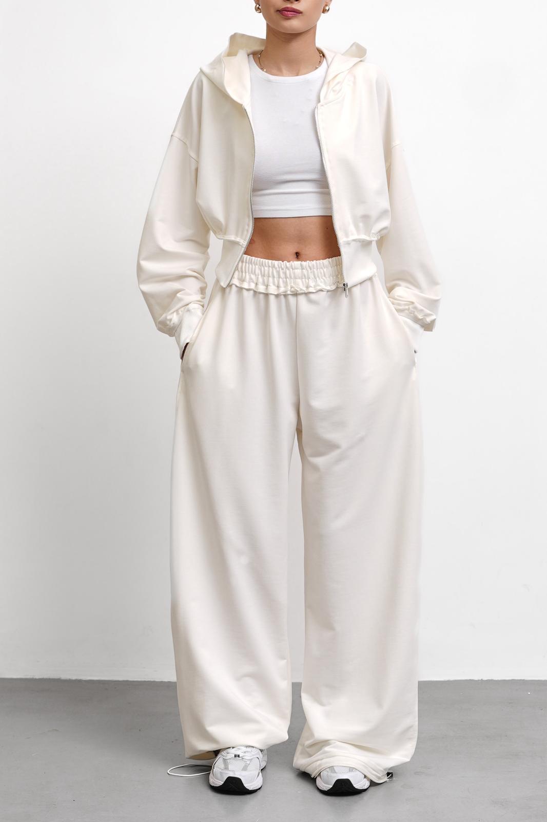 THEOW Jade Ekru Oversize Hırkalı Crop Takım