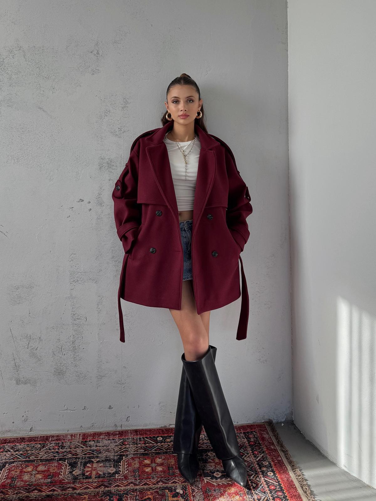 Verris Bordo Apoletli Oversize Kaşe Kısa Kaban