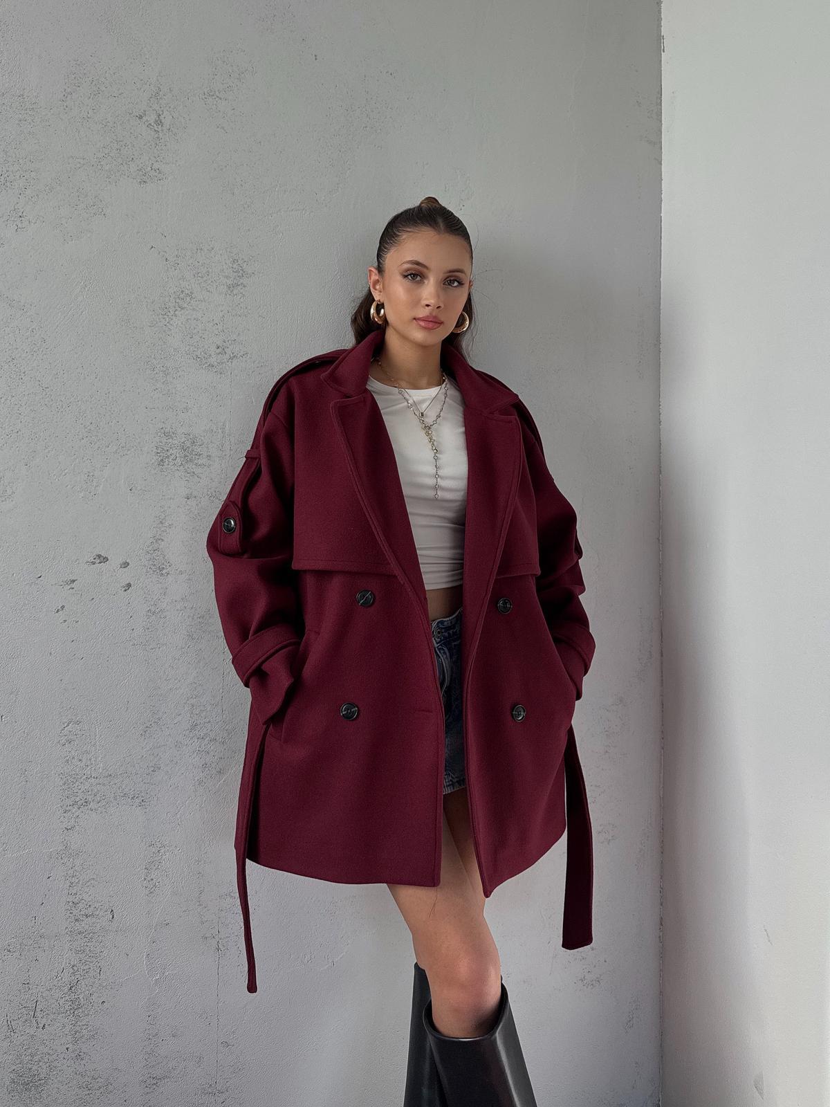 Verris Bordo Apoletli Oversize Kaşe Kısa Kaban