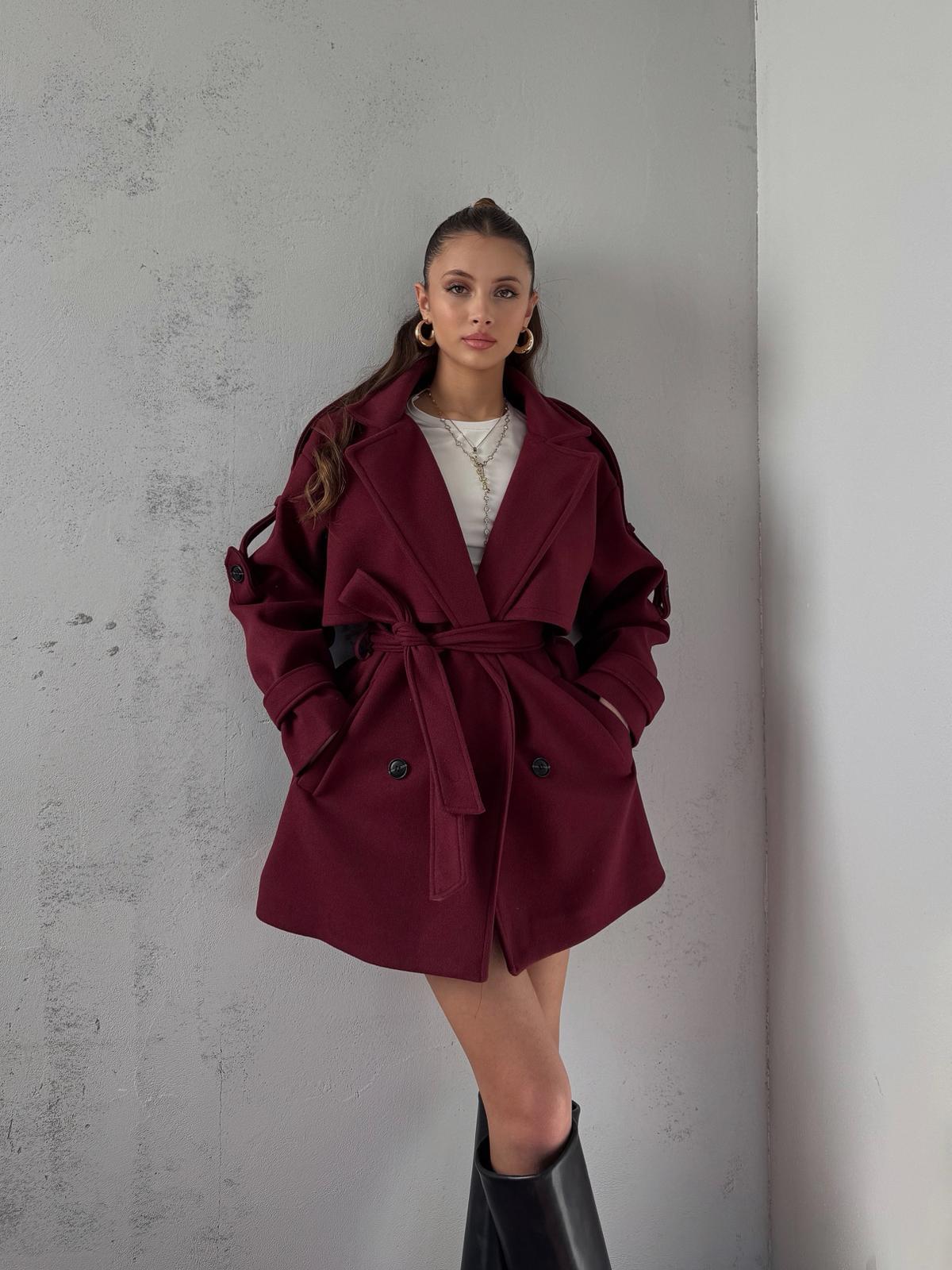 Verris Bordo Apoletli Oversize Kaşe Kısa Kaban