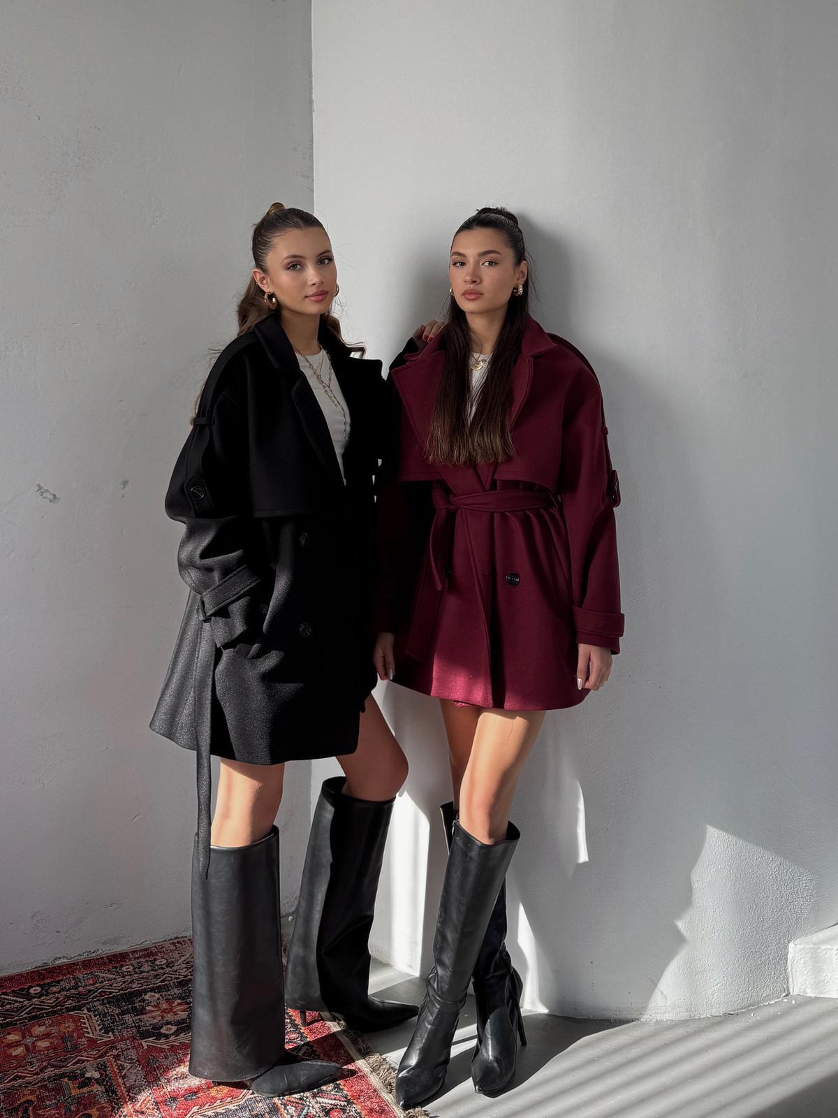 Verris Bordo Apoletli Oversize Kaşe Kısa Kaban