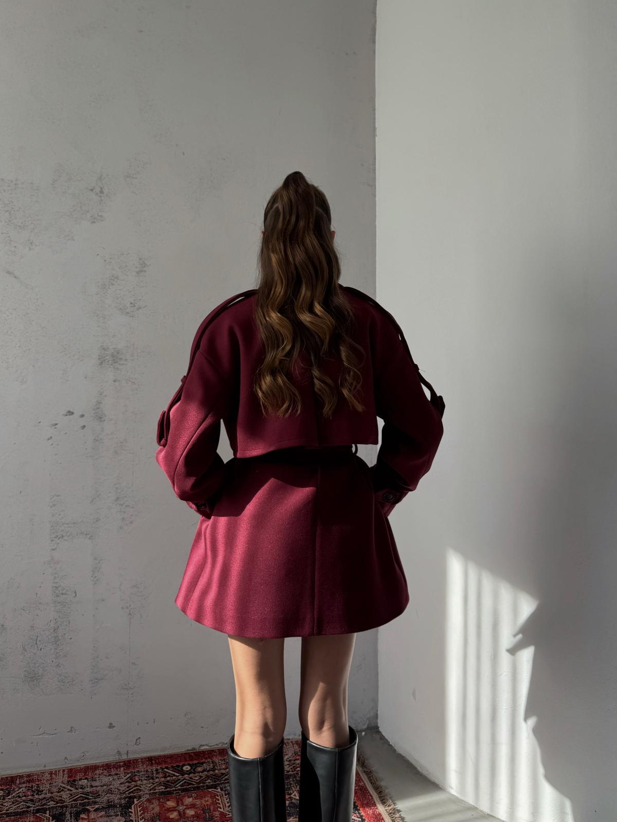 Verris Bordo Apoletli Oversize Kaşe Kısa Kaban