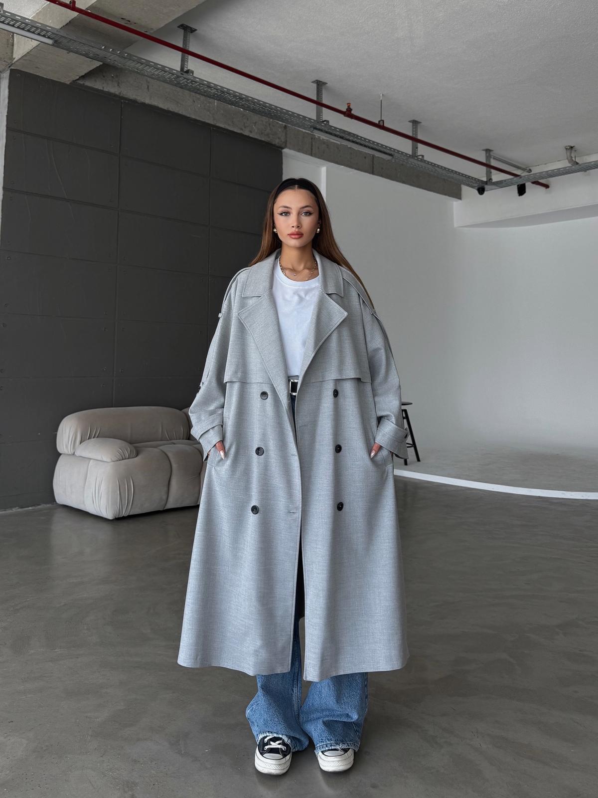 Whisper Gri Apoletli Kemer Detaylı Premium Oversize Trençkot