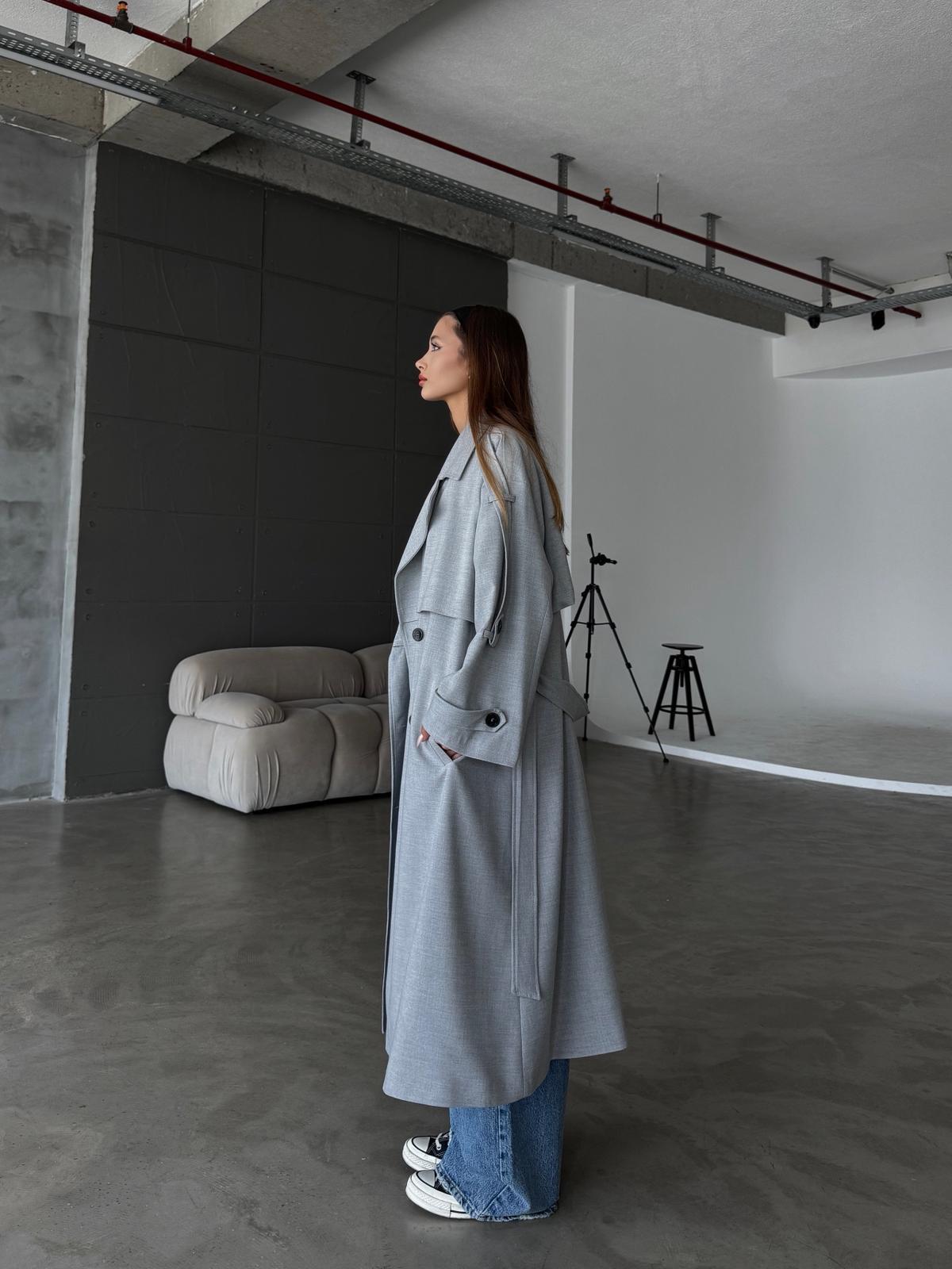 Whisper Gri Apoletli Kemer Detaylı Premium Oversize Trençkot