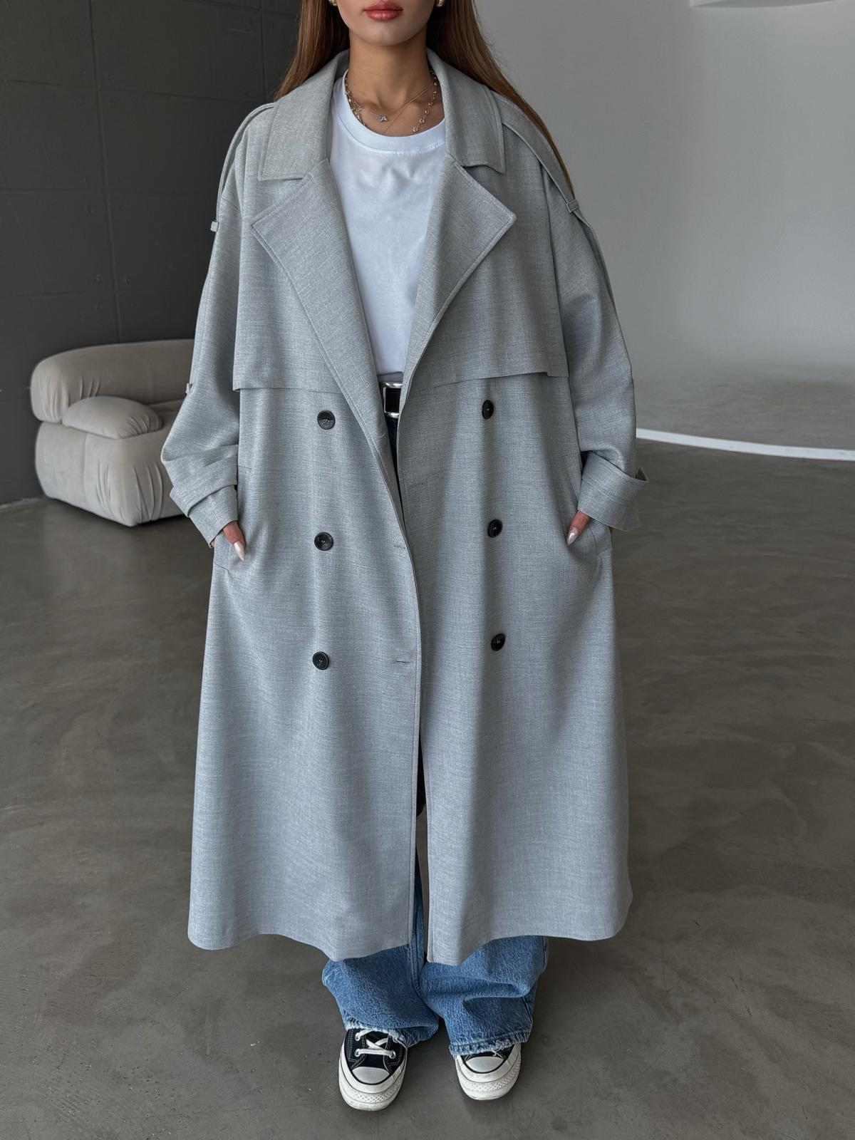 Whisper Gri Apoletli Kemer Detaylı Premium Oversize Trençkot