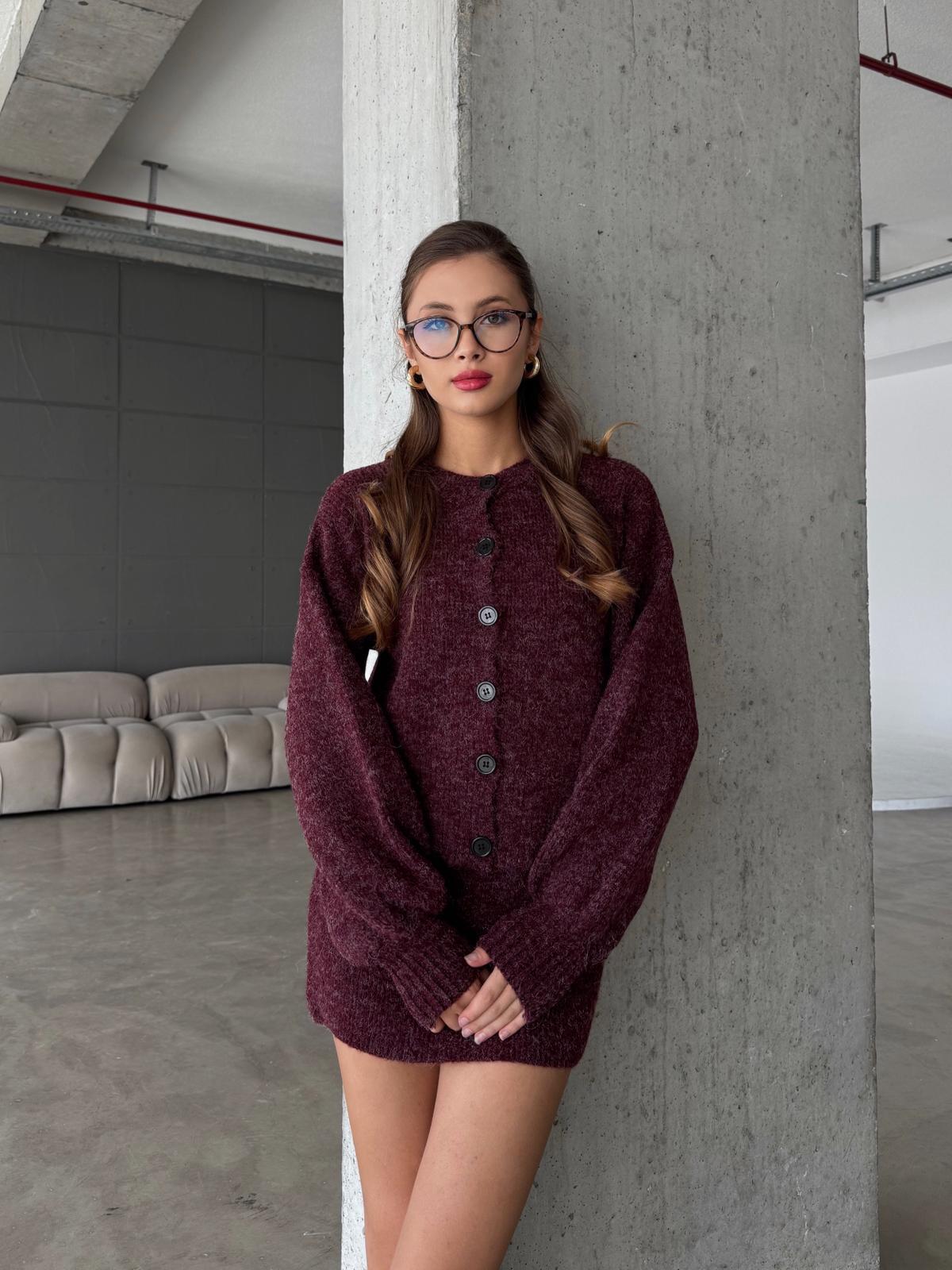 Zipper Bisiklet Yaka Bordo Triko Hırka Etek Takım 