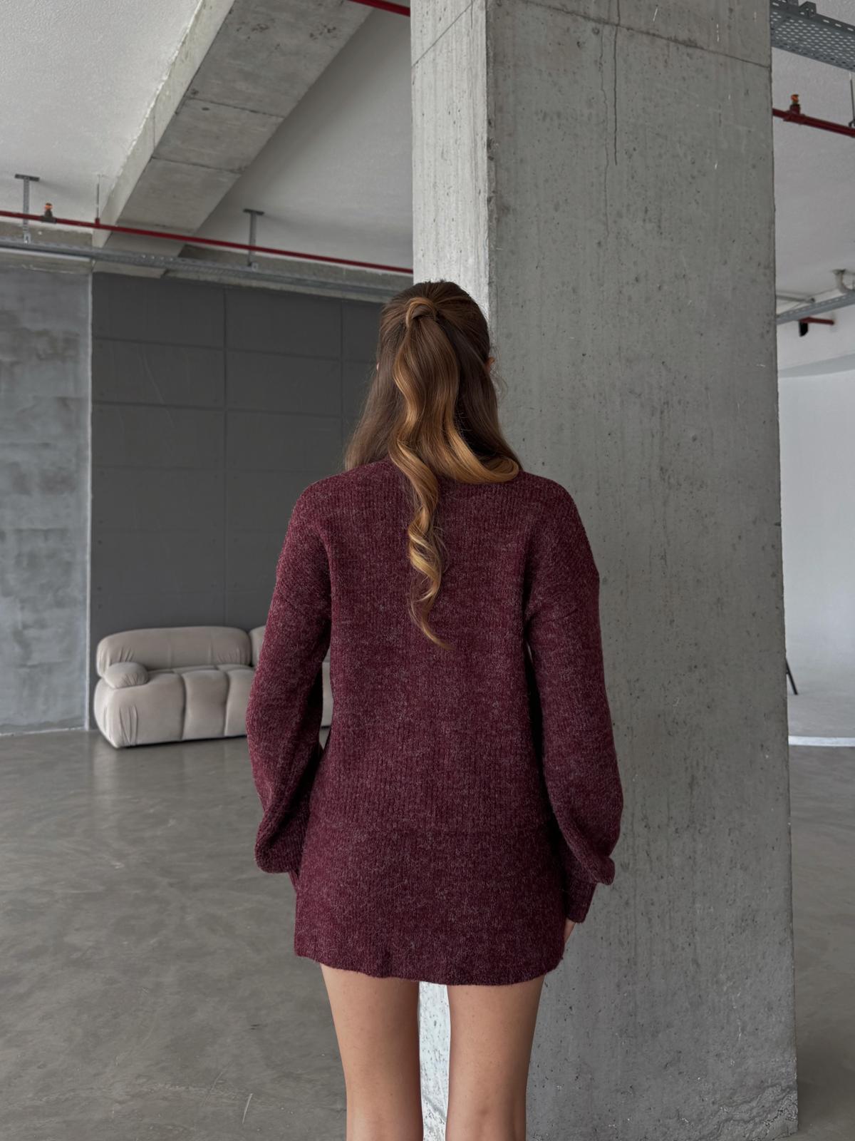 Zipper Bisiklet Yaka Bordo Triko Hırka Etek Takım 