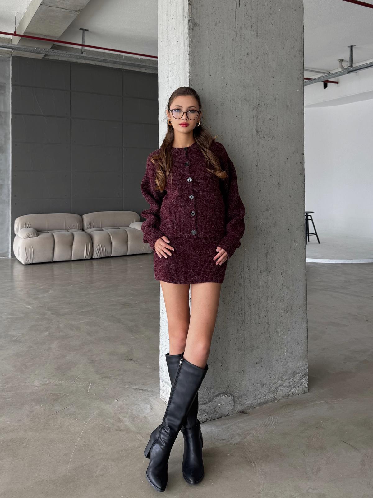 Zipper Bisiklet Yaka Bordo Triko Hırka Etek Takım 