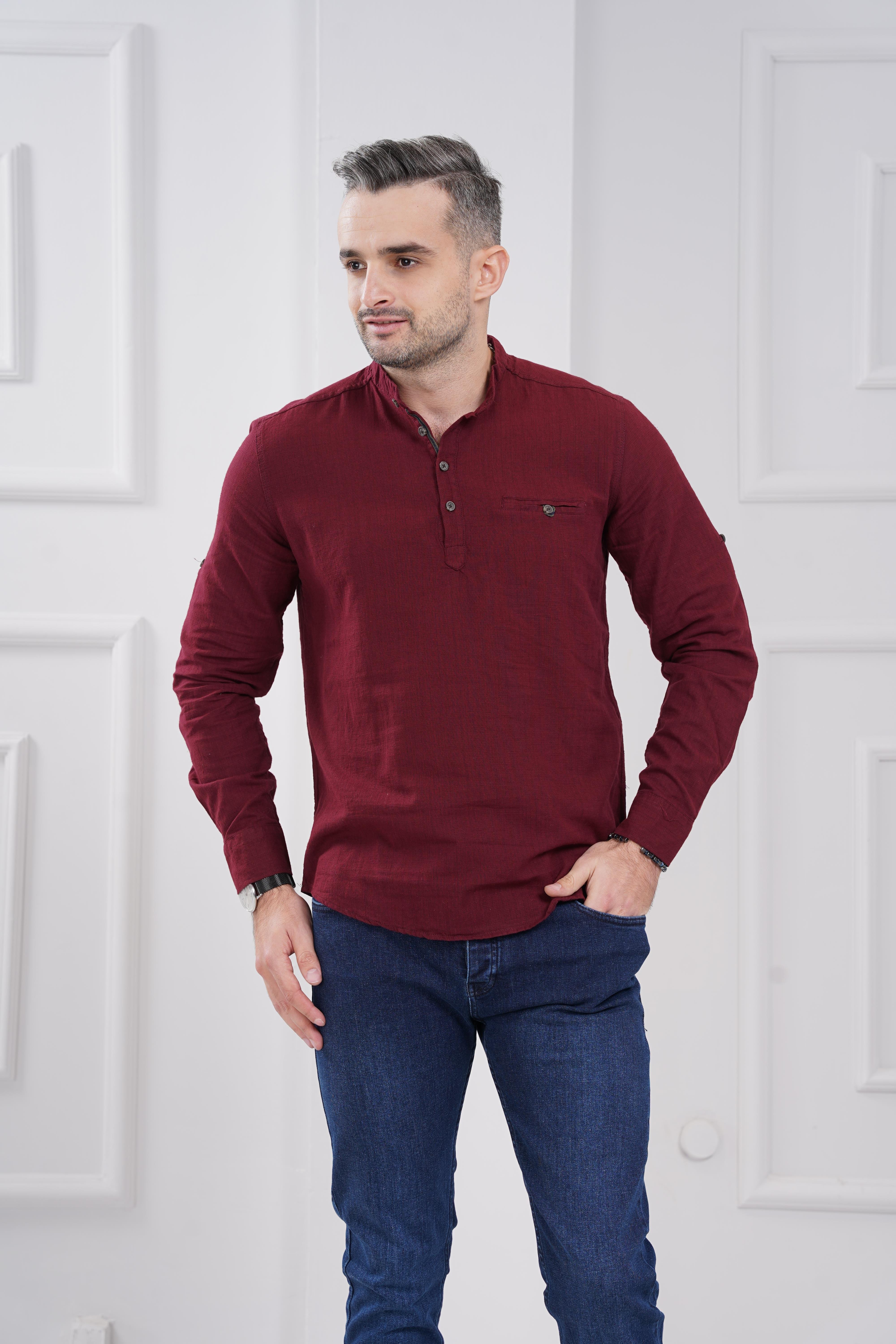 11-0059 Tek Cepli Uzun Kol Erkek Gömlek - BORDO