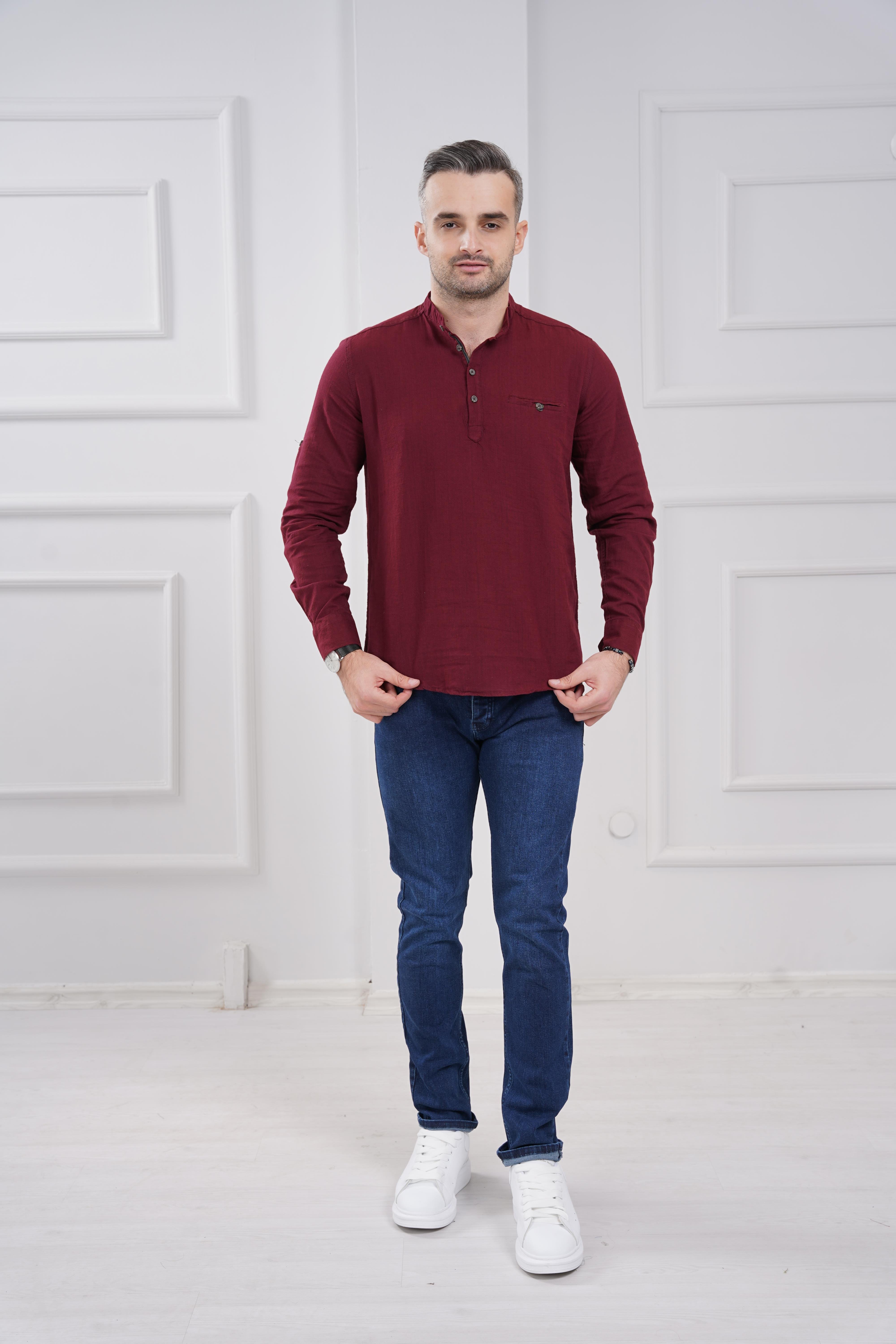 11-0059 Tek Cepli Uzun Kol Erkek Gömlek - BORDO