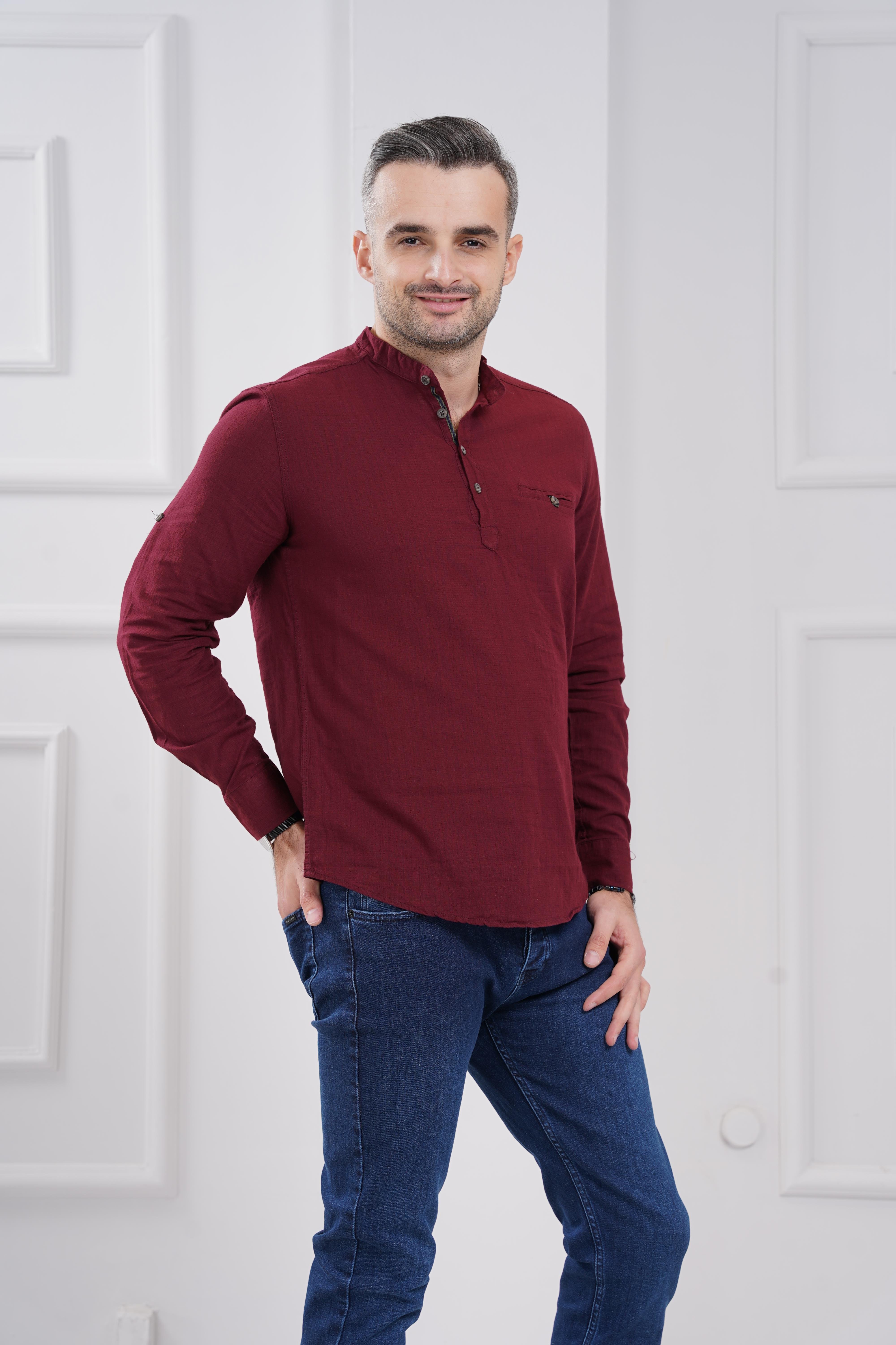 11-0059 Tek Cepli Uzun Kol Erkek Gömlek - BORDO