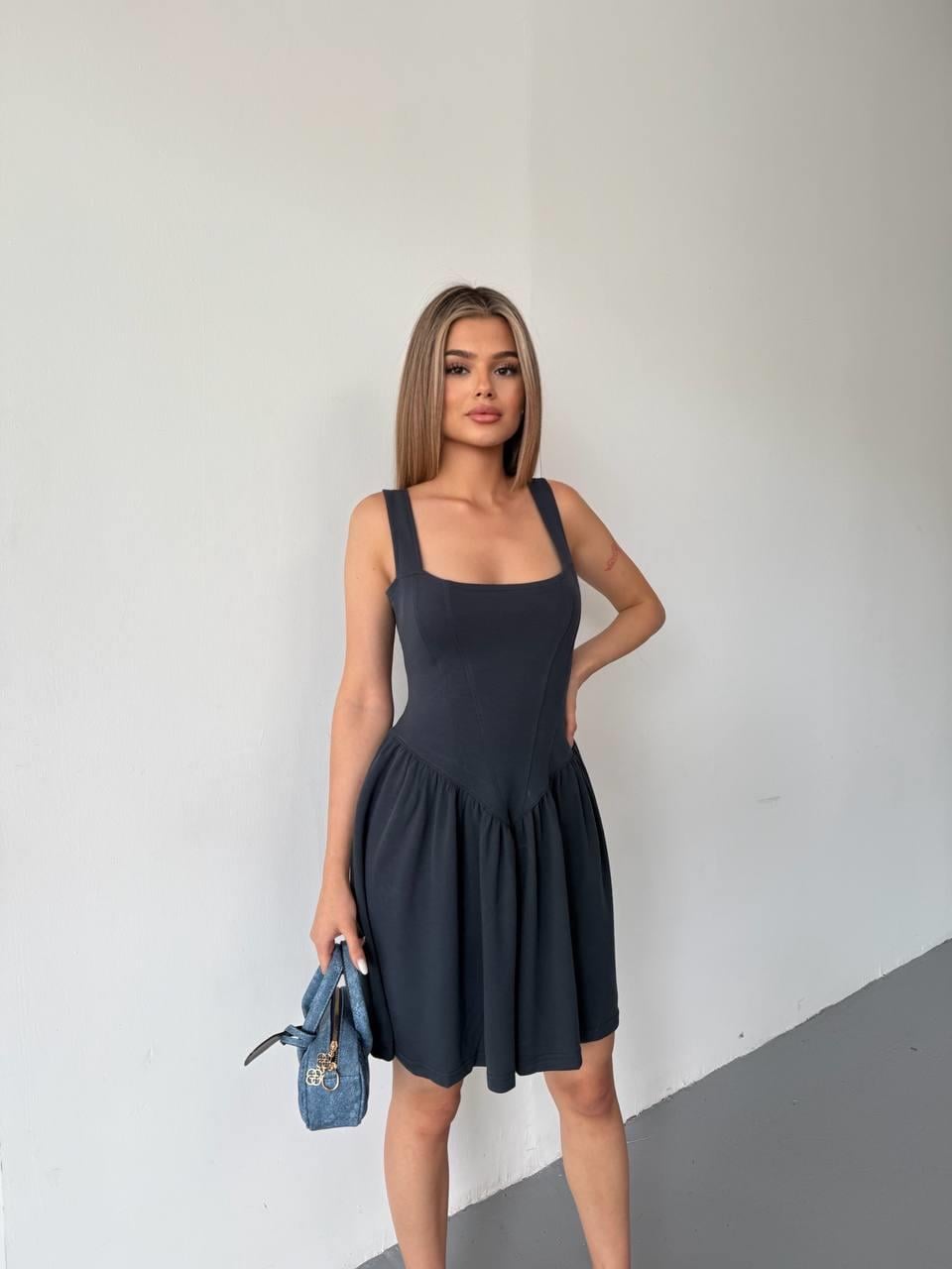 ASKILI MİNİ ELBİSE-2453 - FÜME
