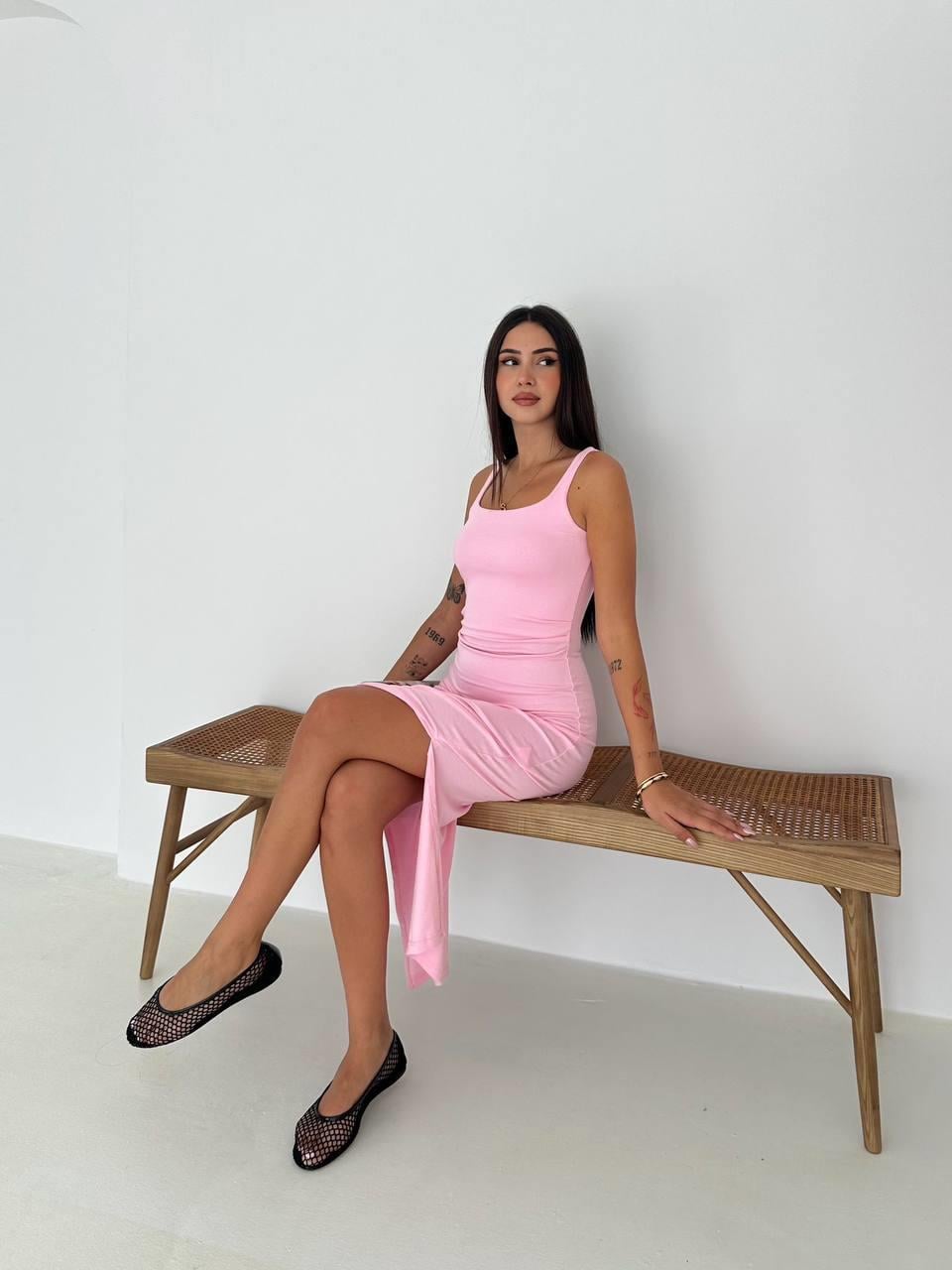 ASKILI YAN PİLE ELBİSE-2103 - PEMBE