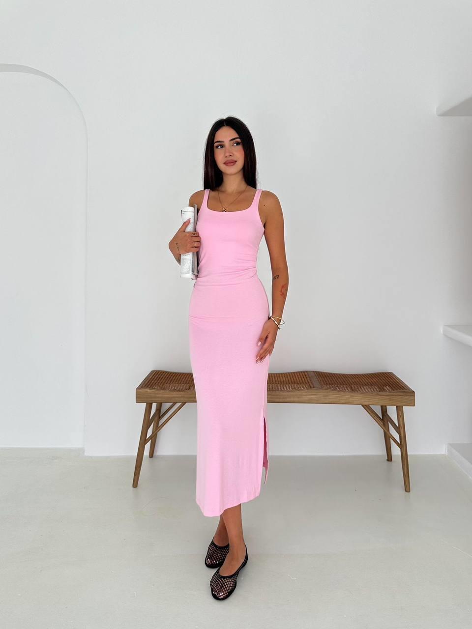 ASKILI YAN PİLE ELBİSE-2103 - PEMBE