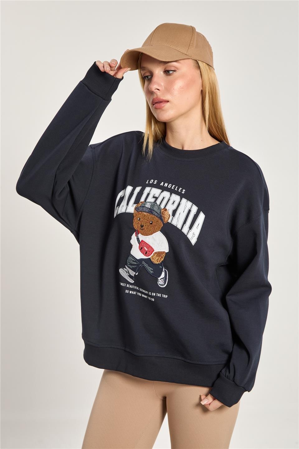 Ayı baskılı oversize sweatshirt-10418 - Lacivert