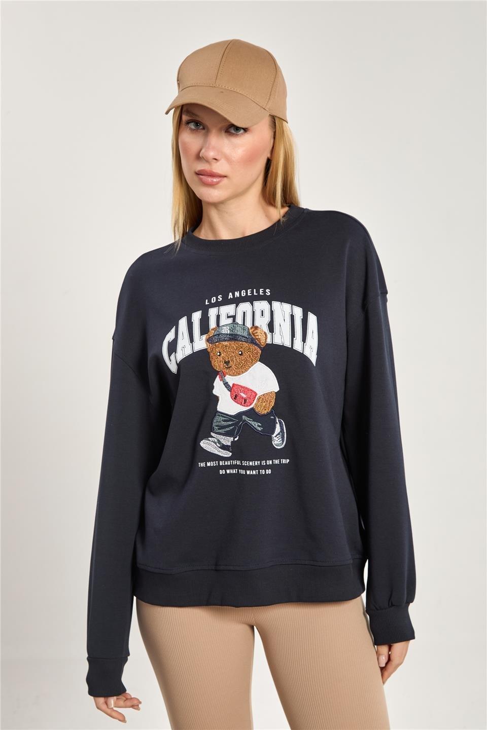 Ayı baskılı oversize sweatshirt-10418 - Lacivert