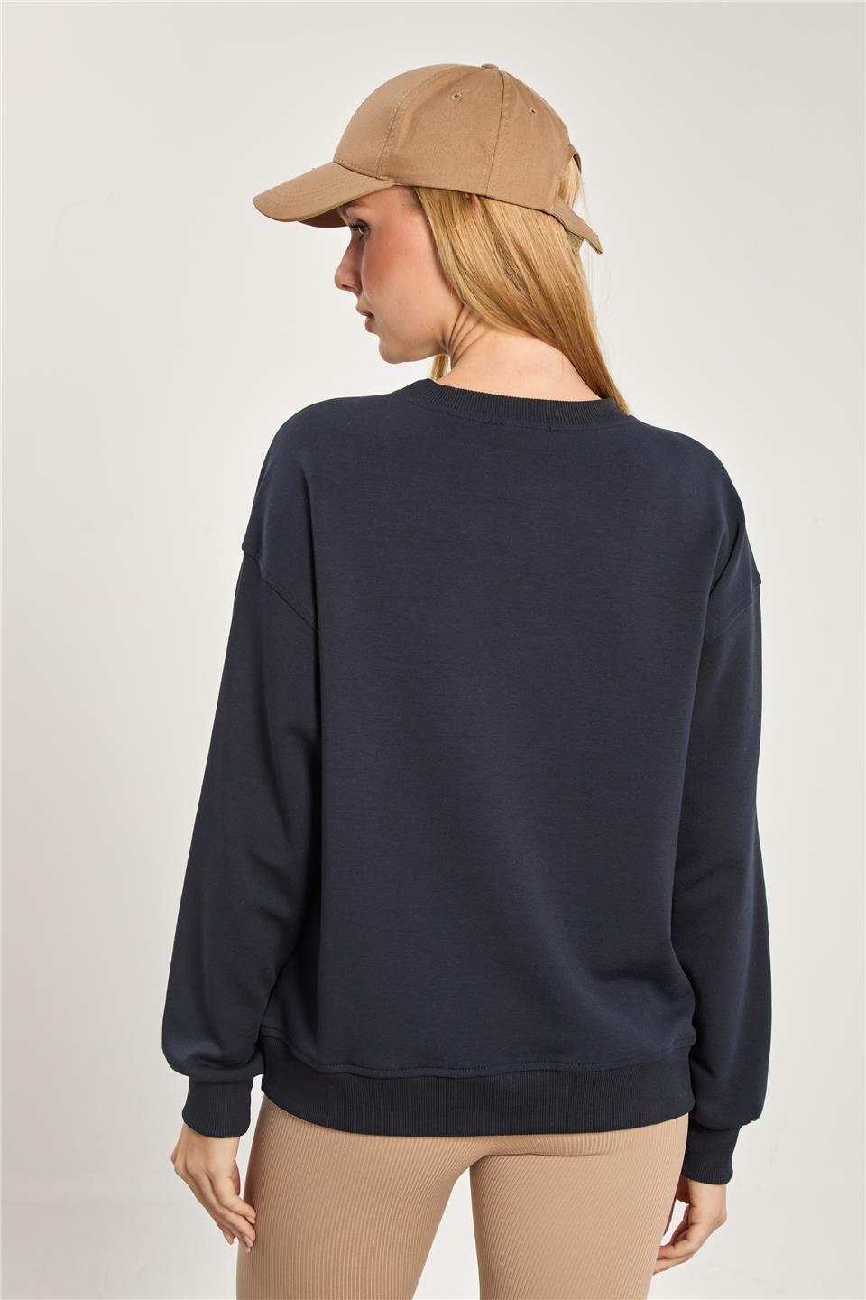 Ayı baskılı oversize sweatshirt-10418 - Lacivert