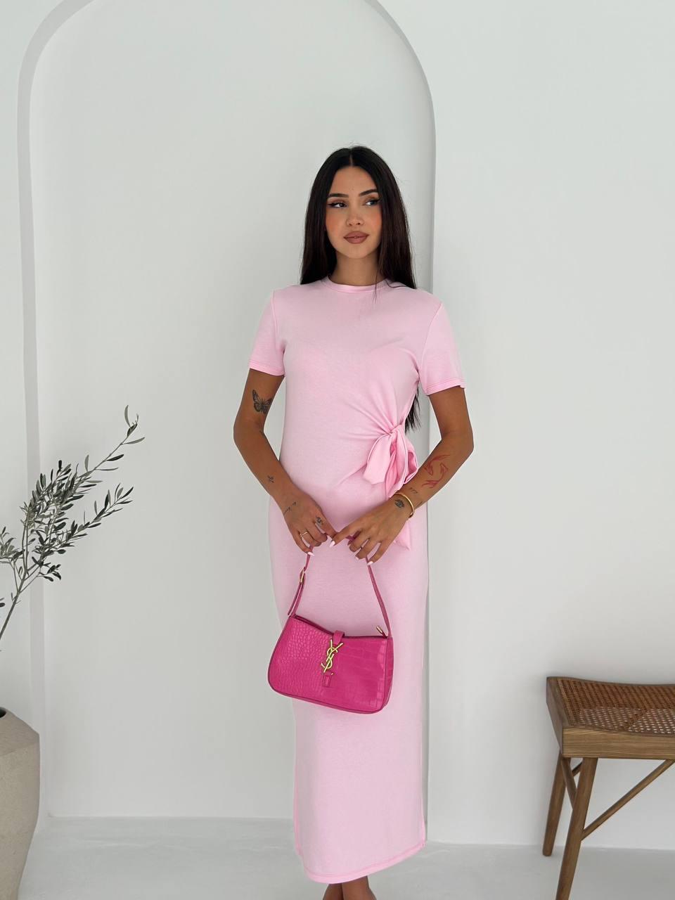 BAĞLAMALI ELBİSE-2114 - PEMBE