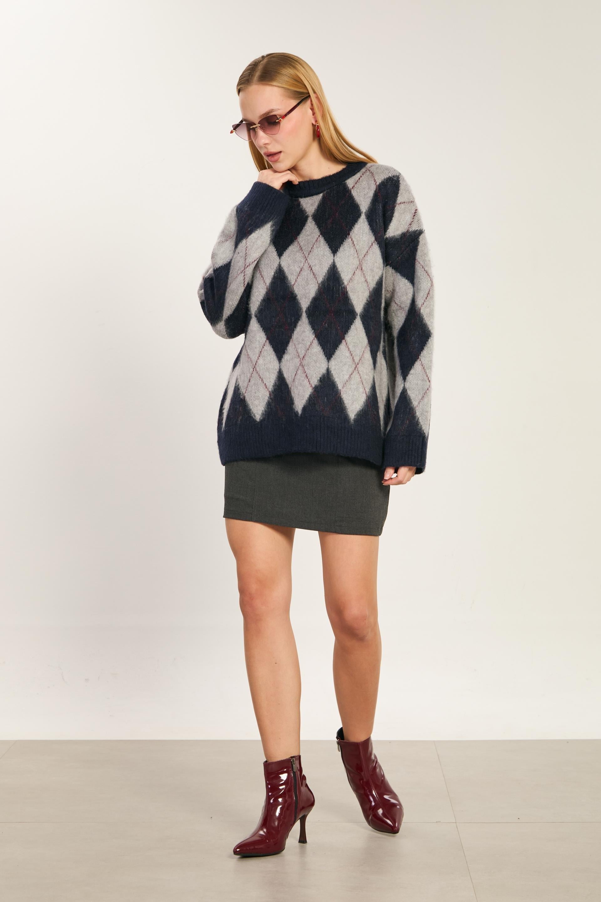 Baklava desenli oversize triko-6659 - Lacivert/Gri