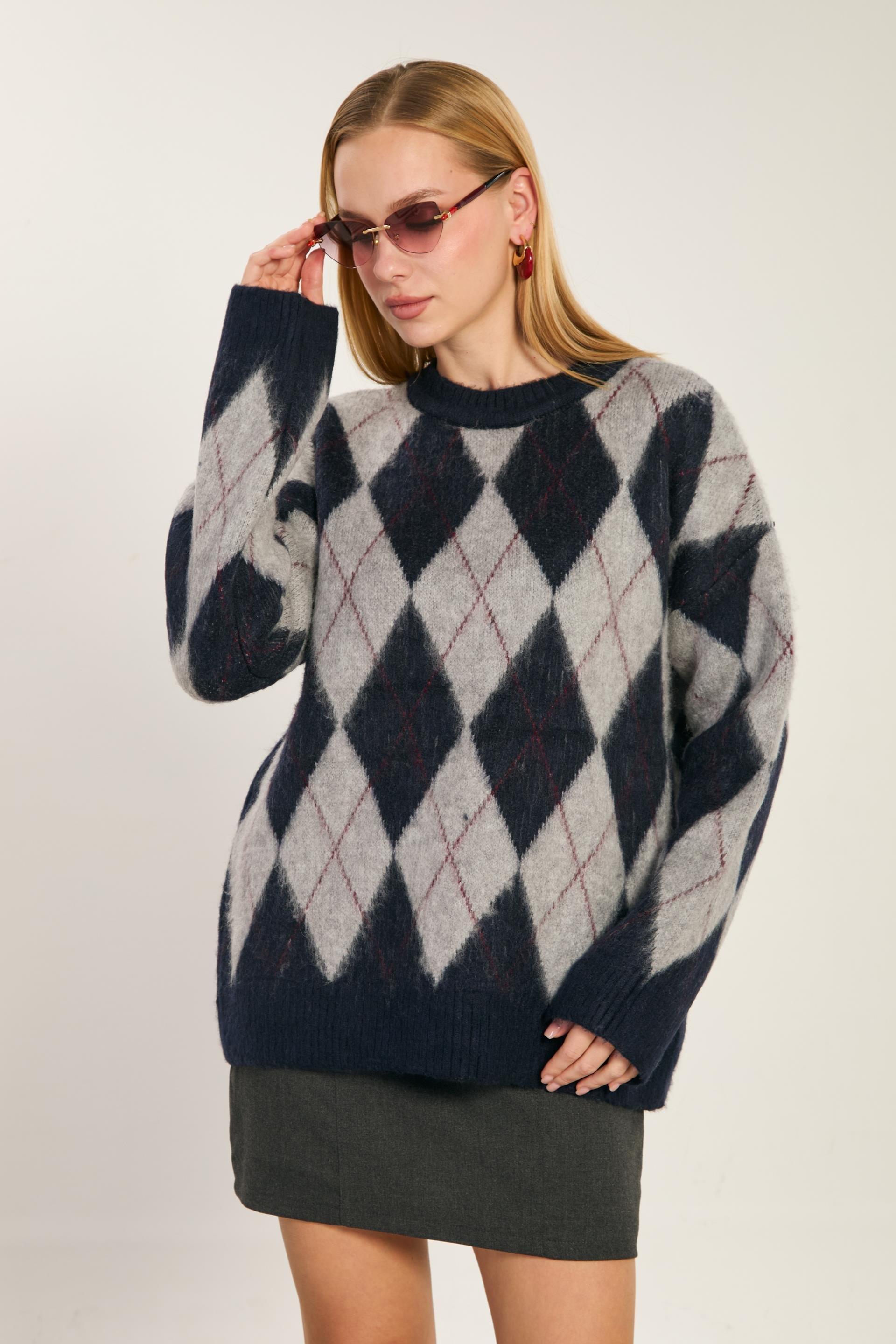 Baklava desenli oversize triko-6659 - Lacivert/Gri