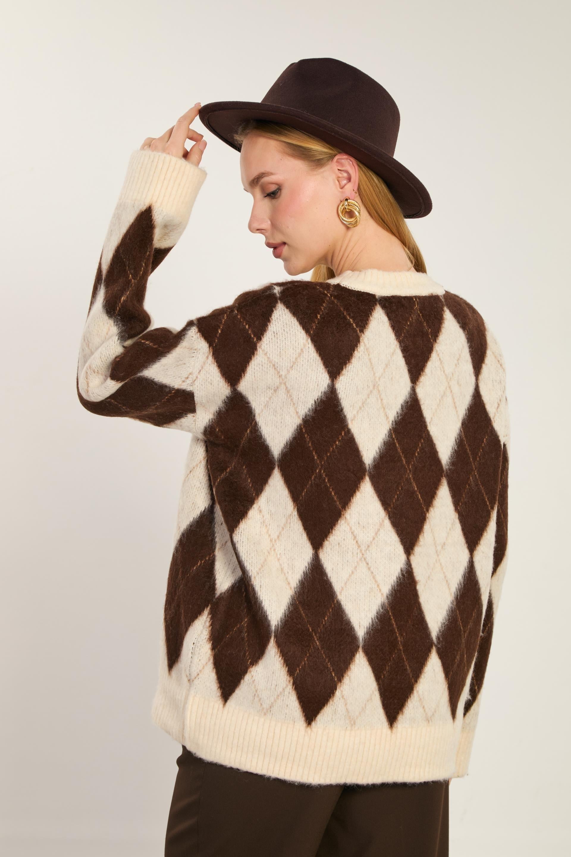 Baklava desenli oversize triko-6659 - Taş/Kahve