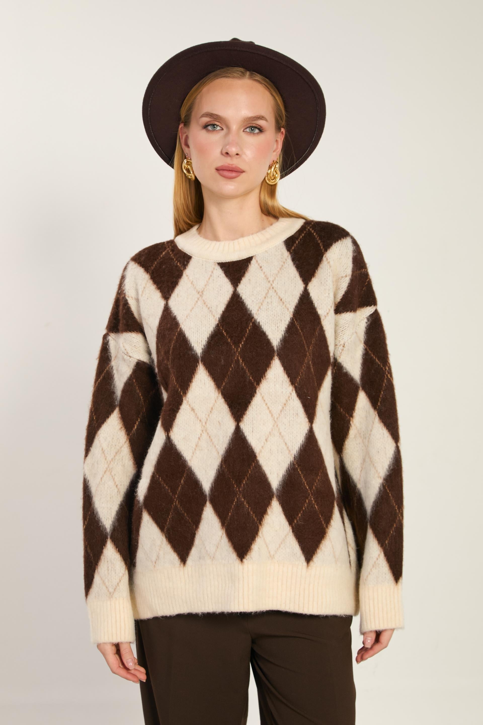 Baklava desenli oversize triko-6659 - Taş/Kahve