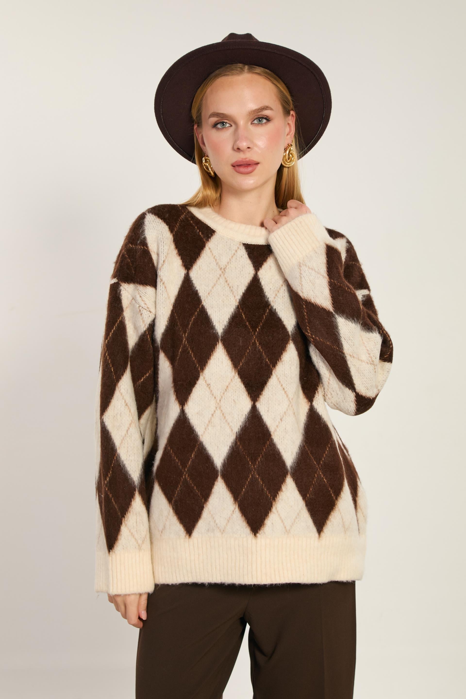 Baklava desenli oversize triko-6659 - Taş/Kahve
