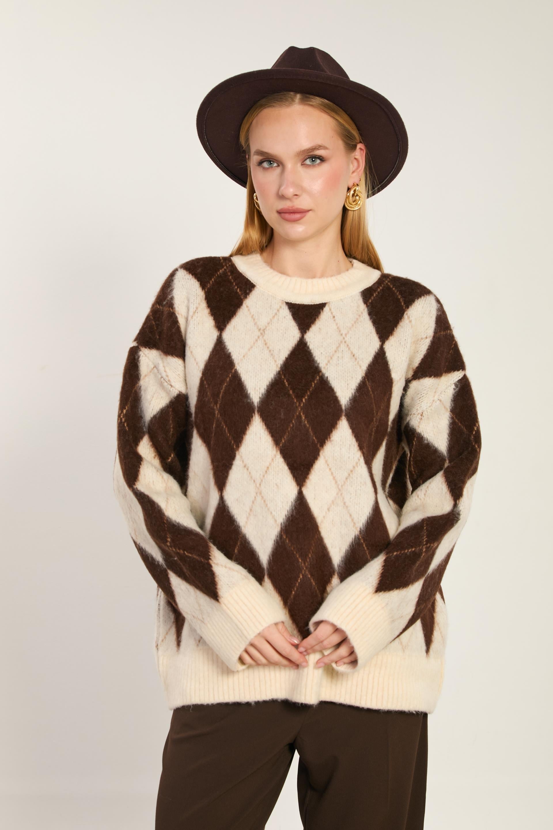 Baklava desenli oversize triko-6659 - Taş/Kahve