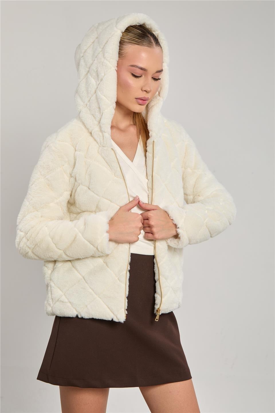 Baklava desenli peluş ceket-2294 - Ekru