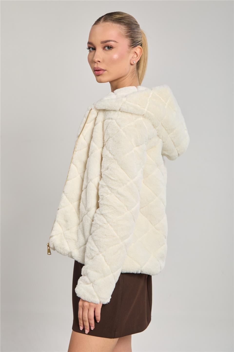 Baklava desenli peluş ceket-2294 - Ekru