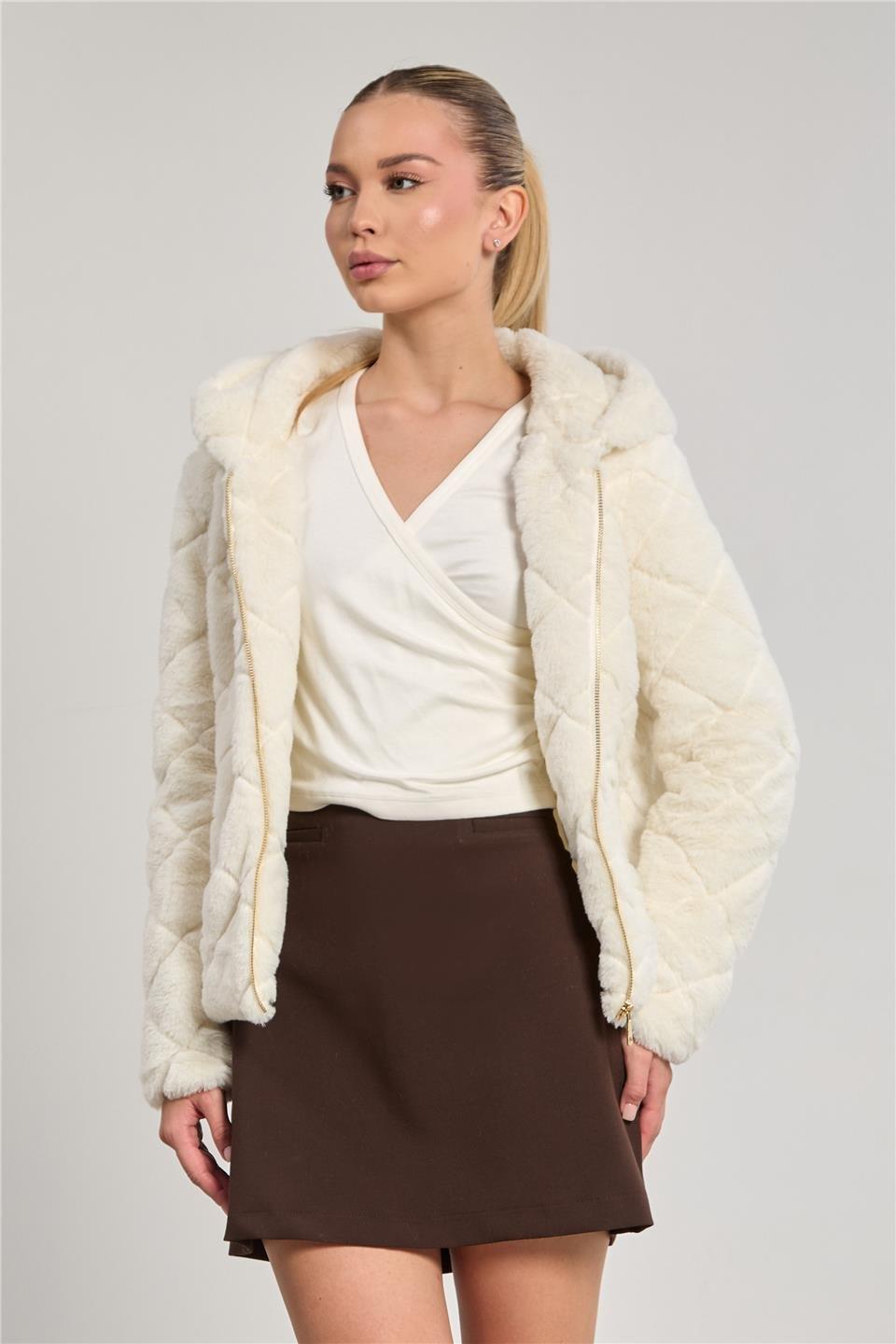 Baklava desenli peluş ceket-2294 - Ekru