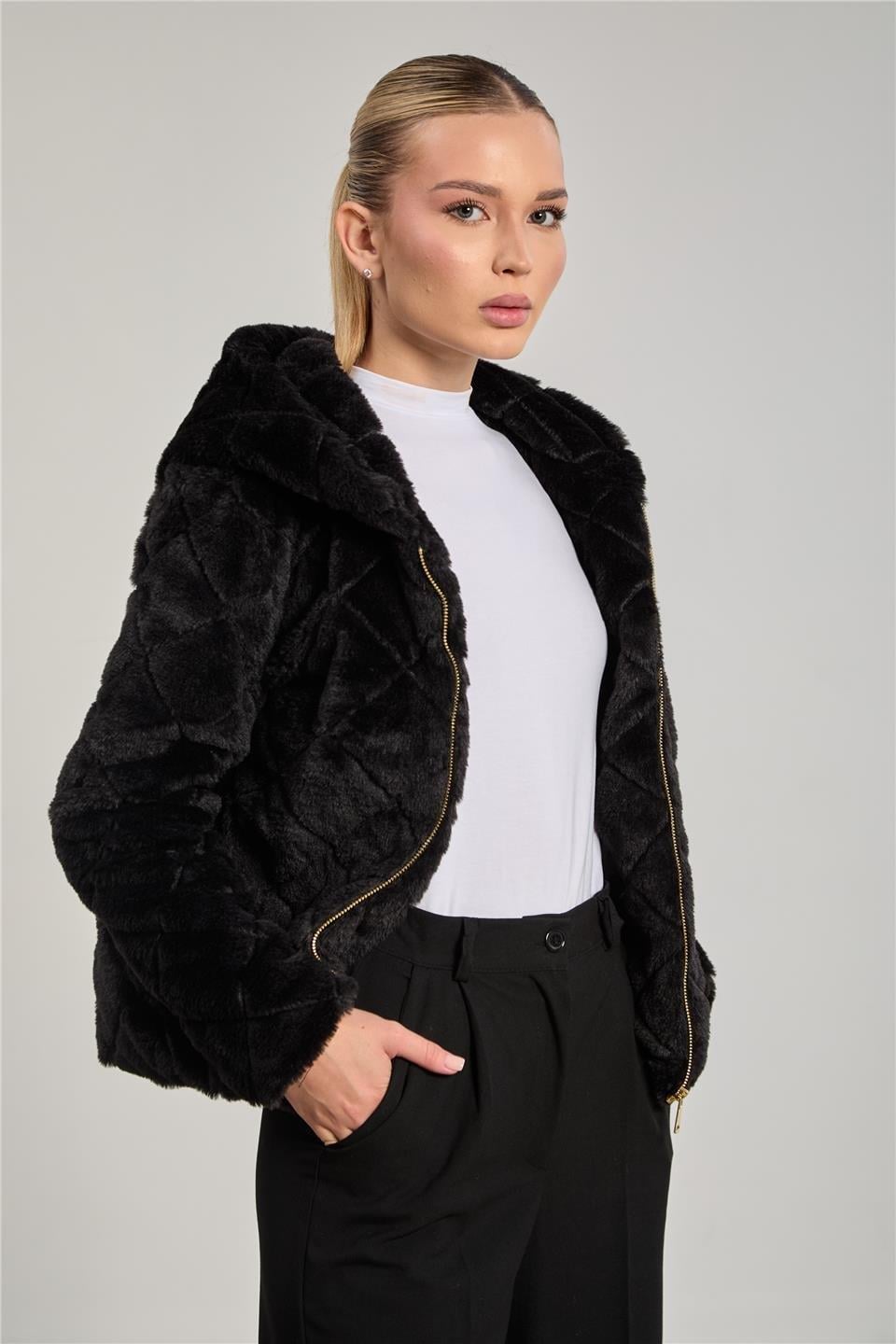Baklava desenli peluş ceket-2294 - Siyah