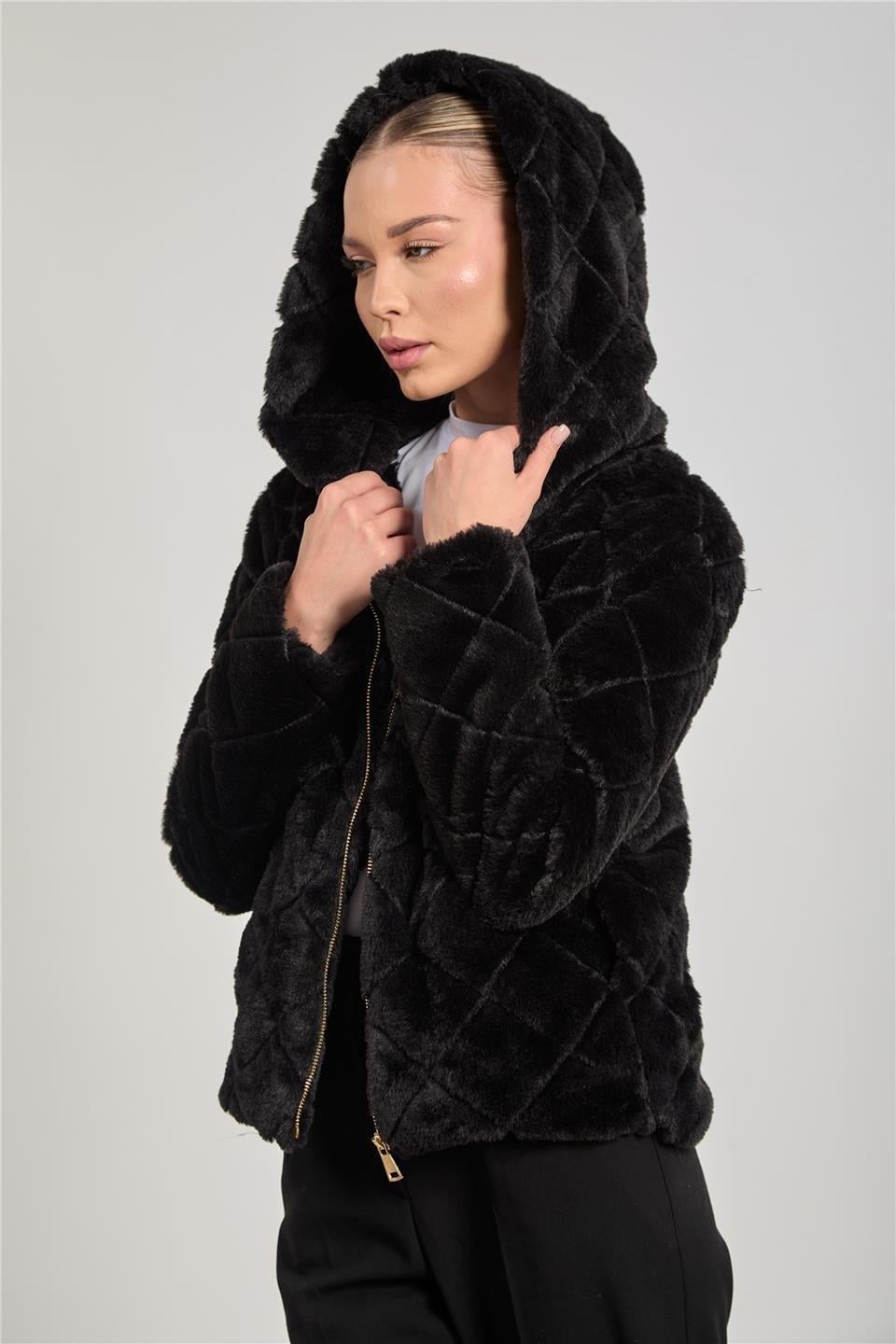 Baklava desenli peluş ceket-2294 - Siyah